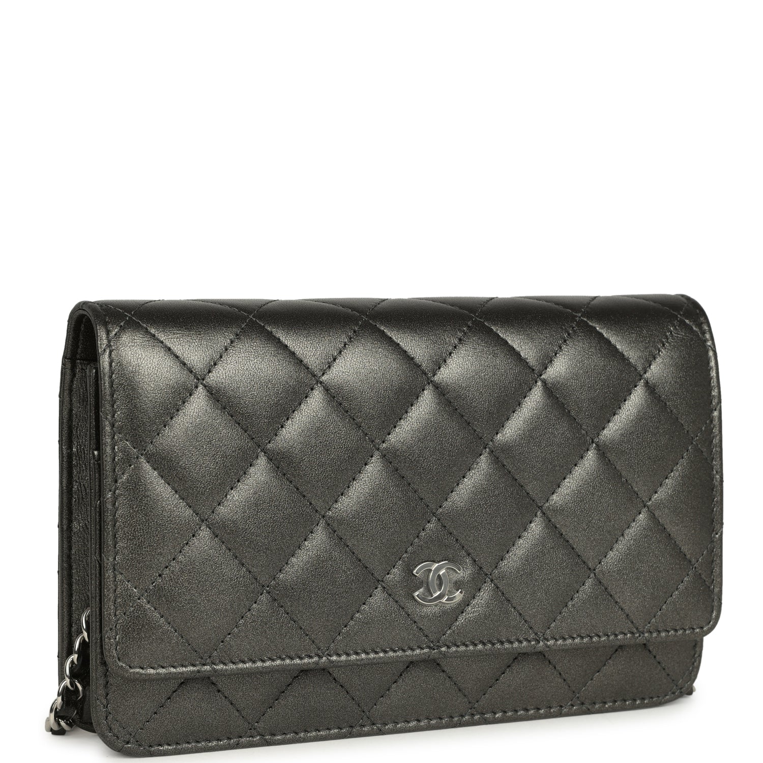Chanel Wallet On Chain WOC Metallic Grey Lambskin Silver Hardware