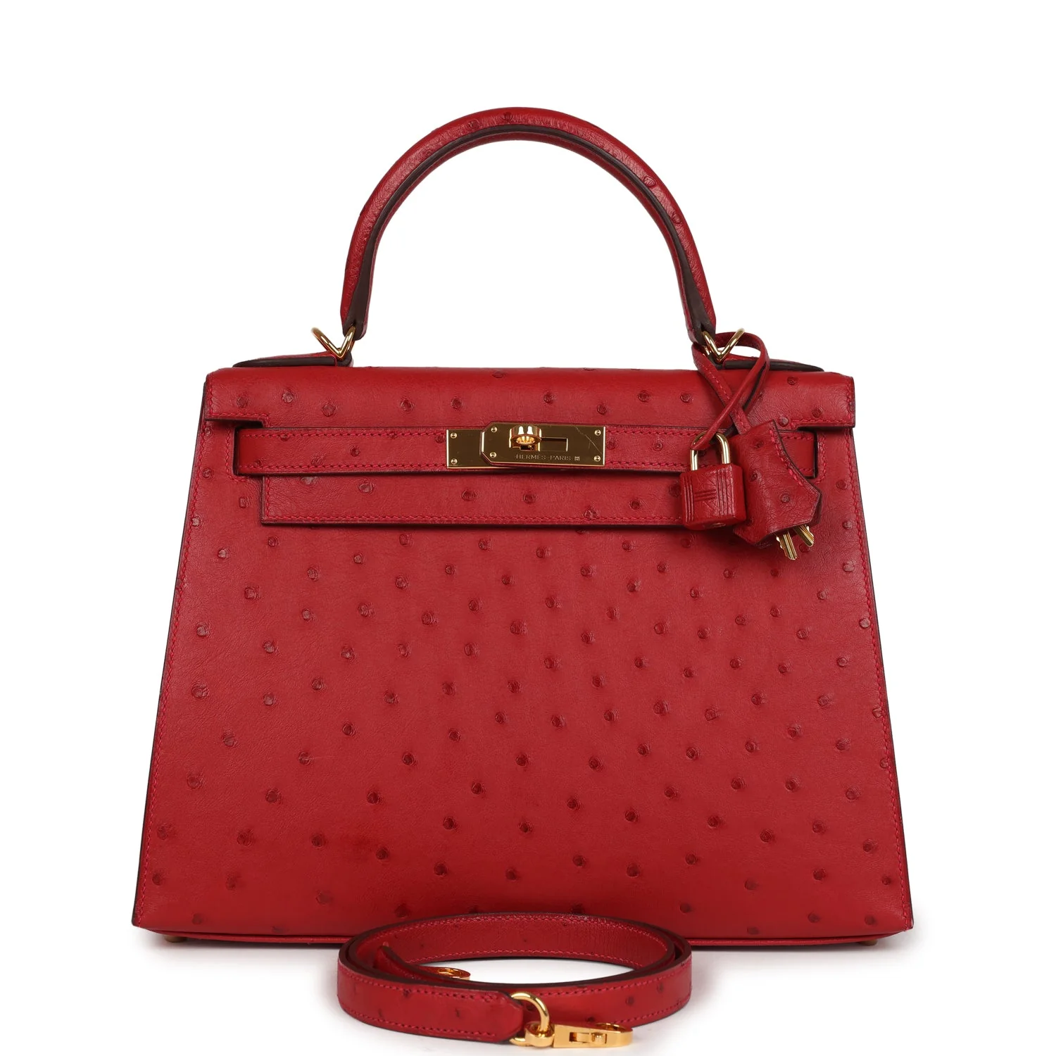 Pre-owned Hermes Kelly Sellier 28 Rouge Vif Ostrich Gold Hardware