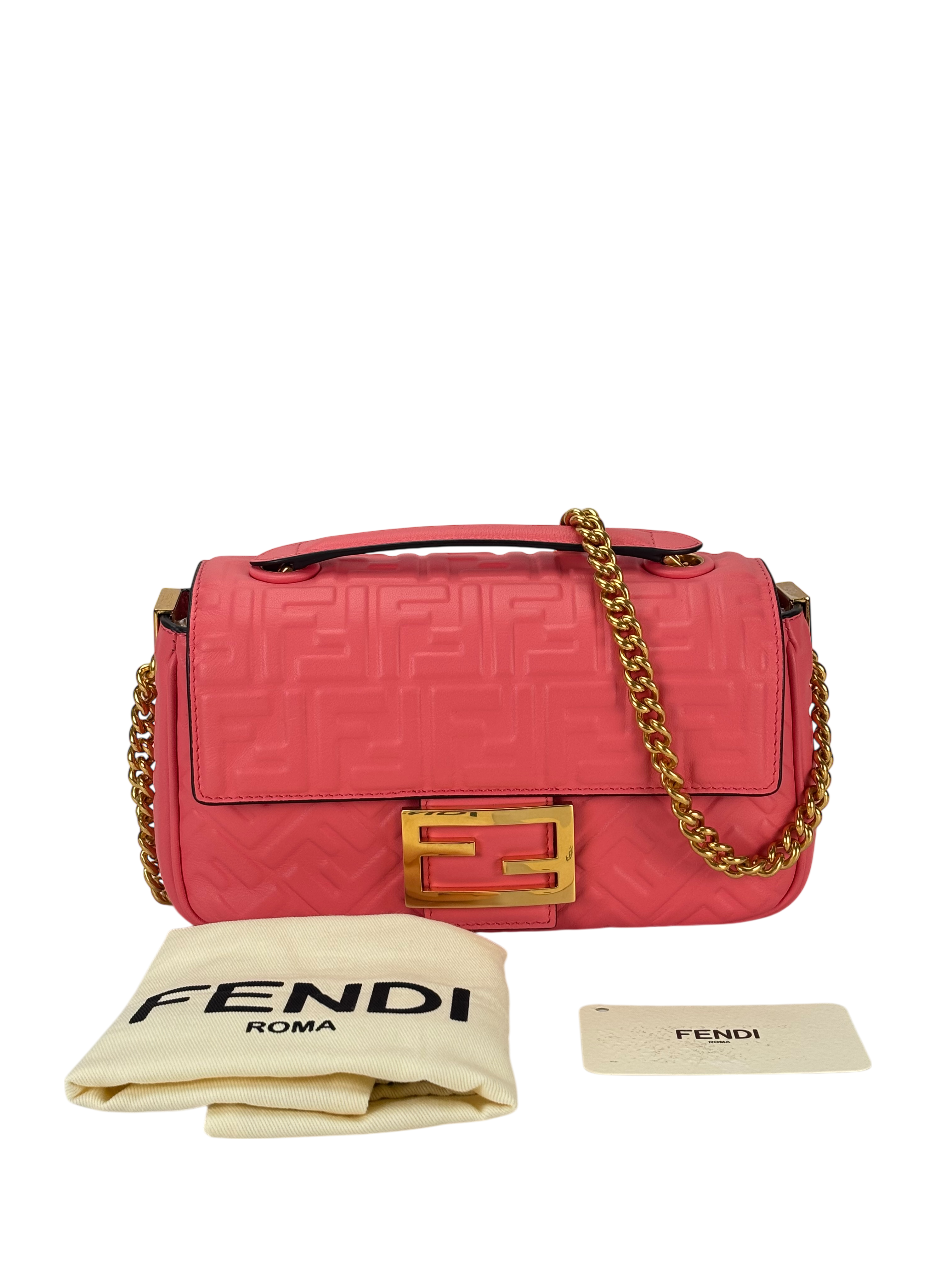 GUCCI -  Pink Leather Nappa Small FF Embossed Midi Chain Baguette