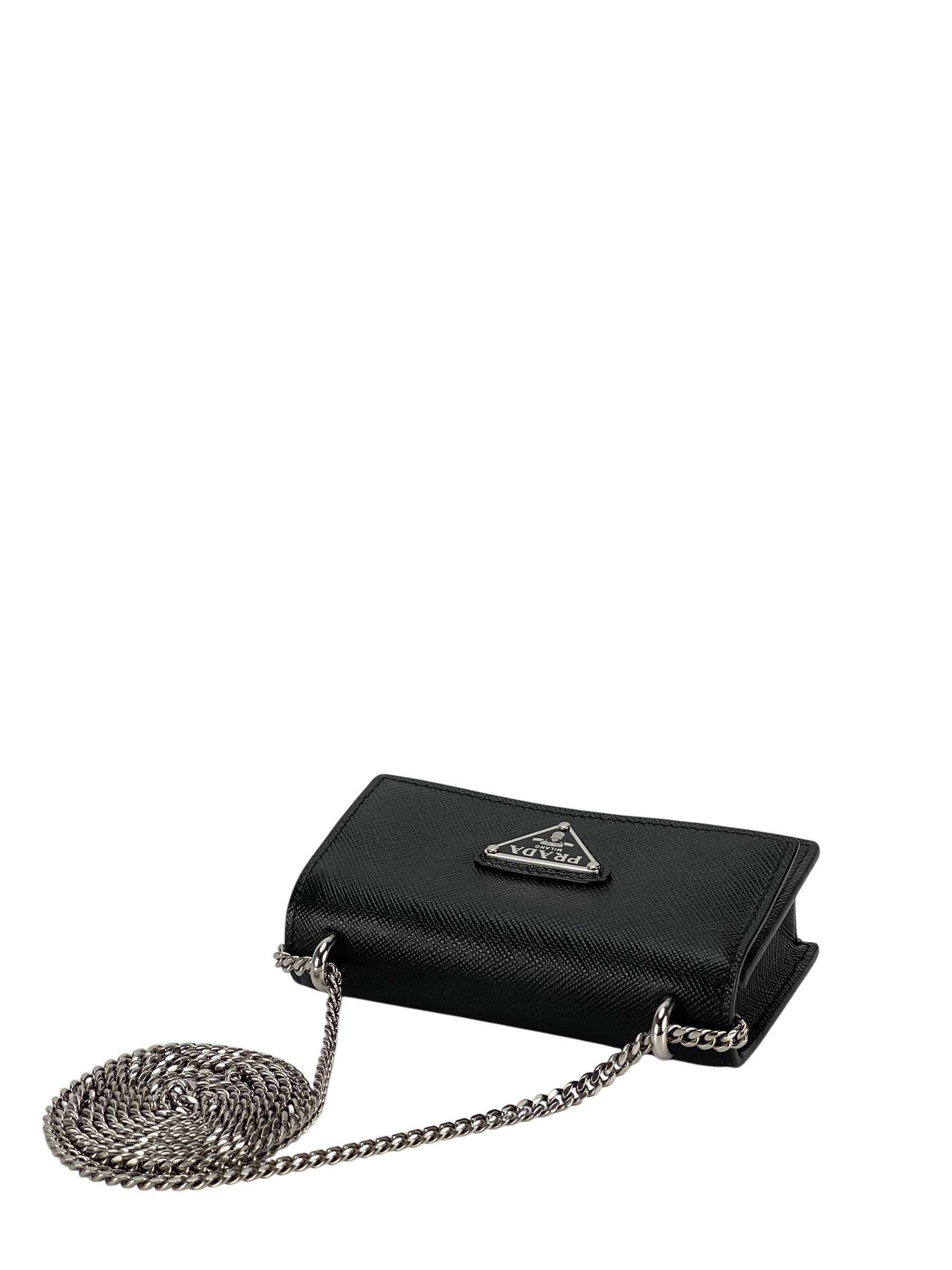 PRADA - Black Saffiano leather card holder with shoulder strap