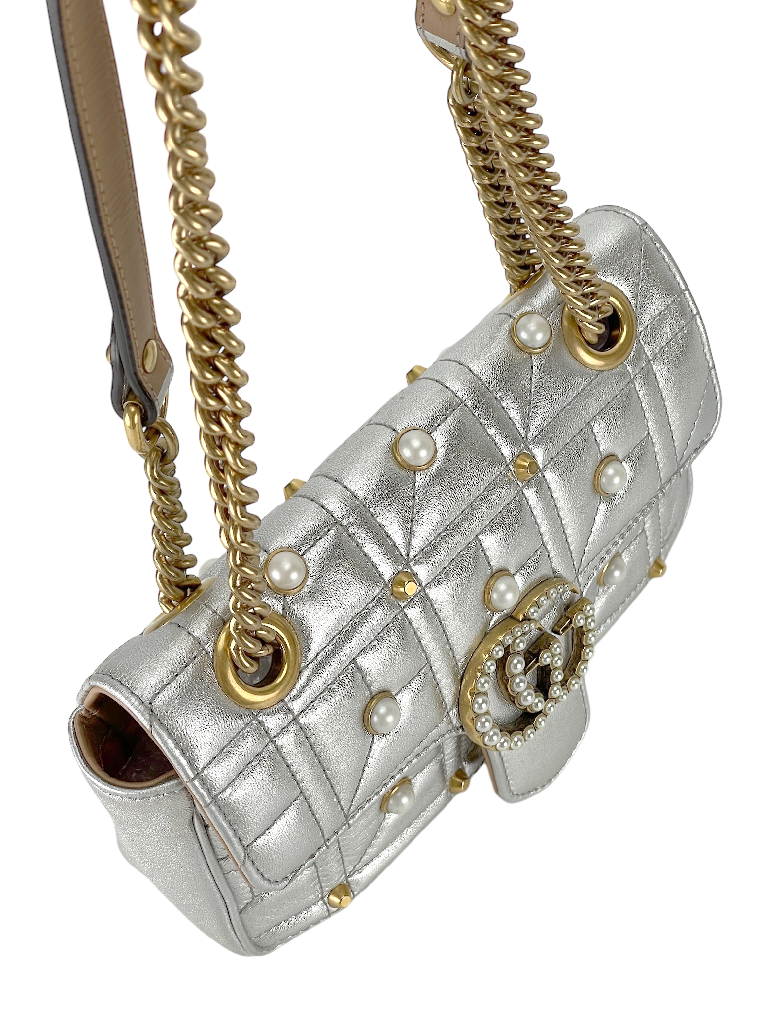 GUCCI - Matelasse Studded Mini Pearly GG Marmont Shoulder Bag Silver Metallic Calfskin