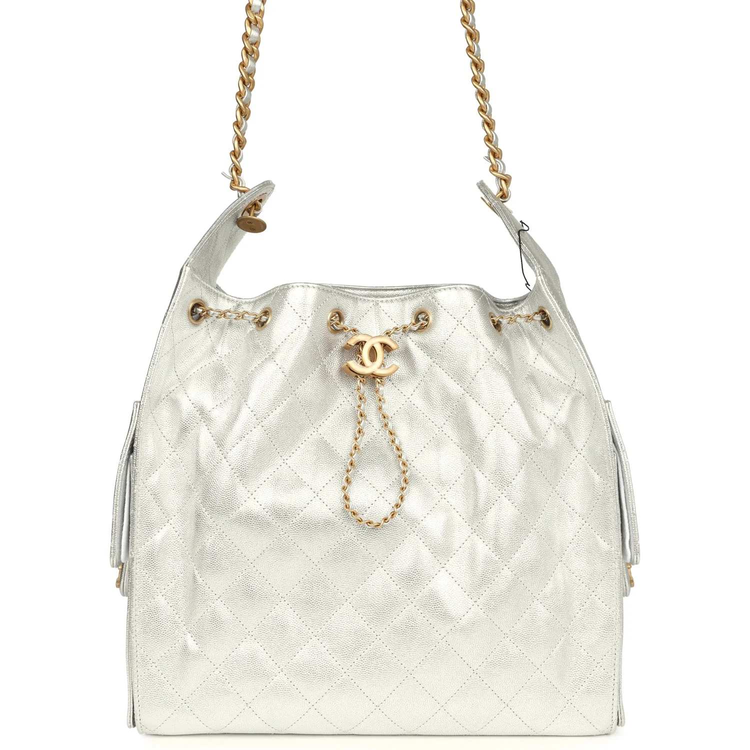 Chanel Medium 25 Hobo Bag Metallic Silver Caviar Antique Gold Hardware