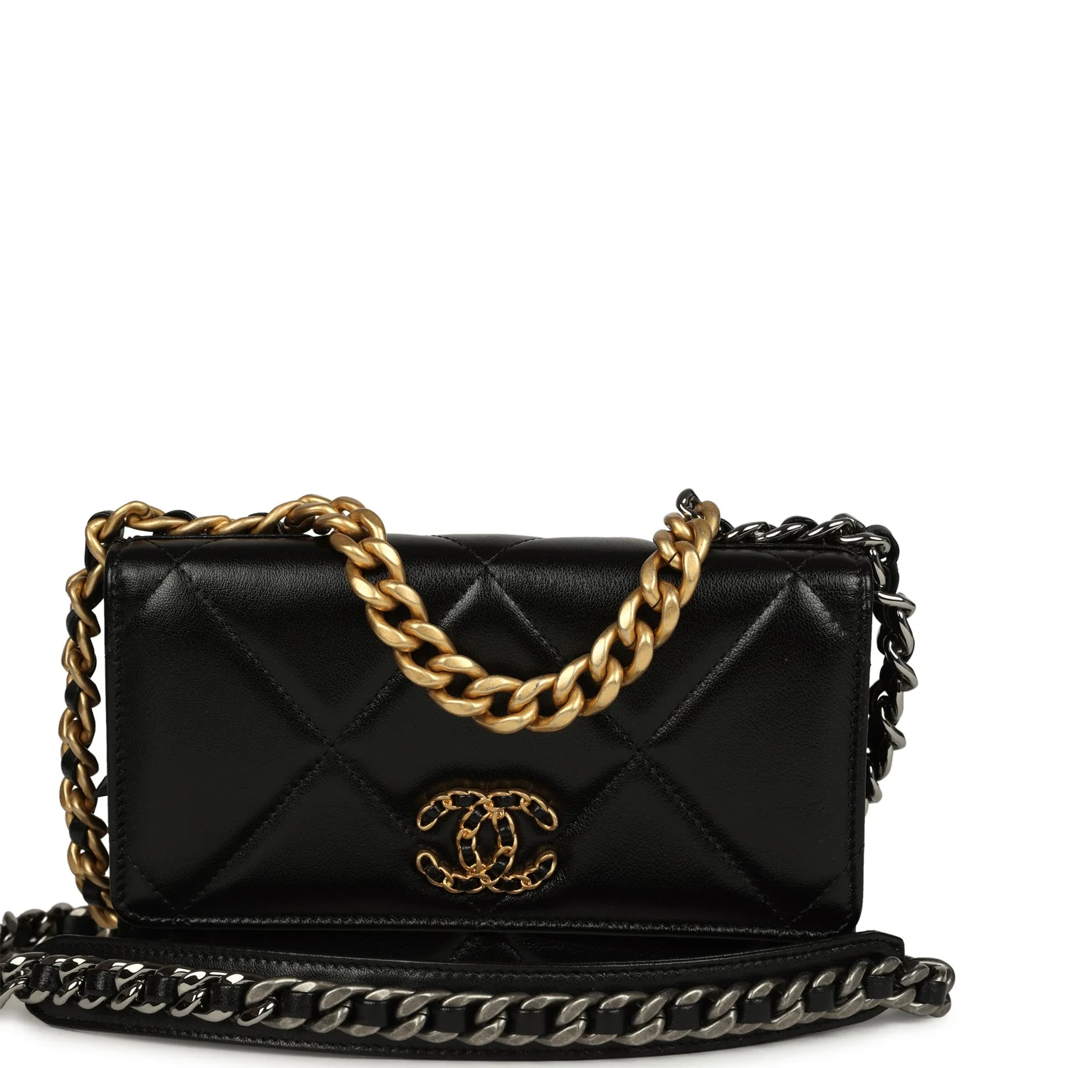 Chanel 19 Wallet On Chain Black Shiny Lambskin Mixed Metal Hardware