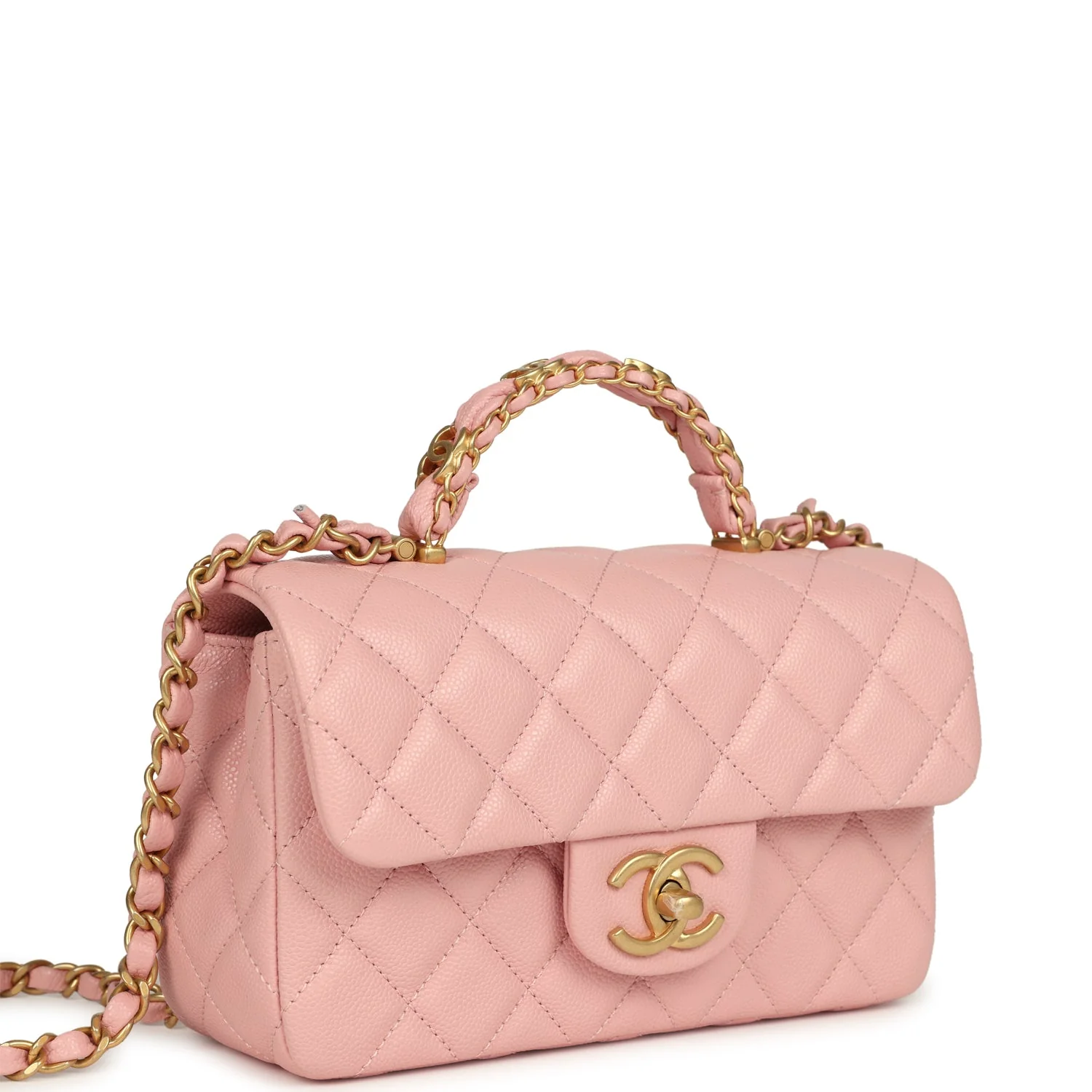 Chanel Mini Rectangular Flap Bag with CC Top Handle Pink Shiny Caviar Antique Gold Hardware
