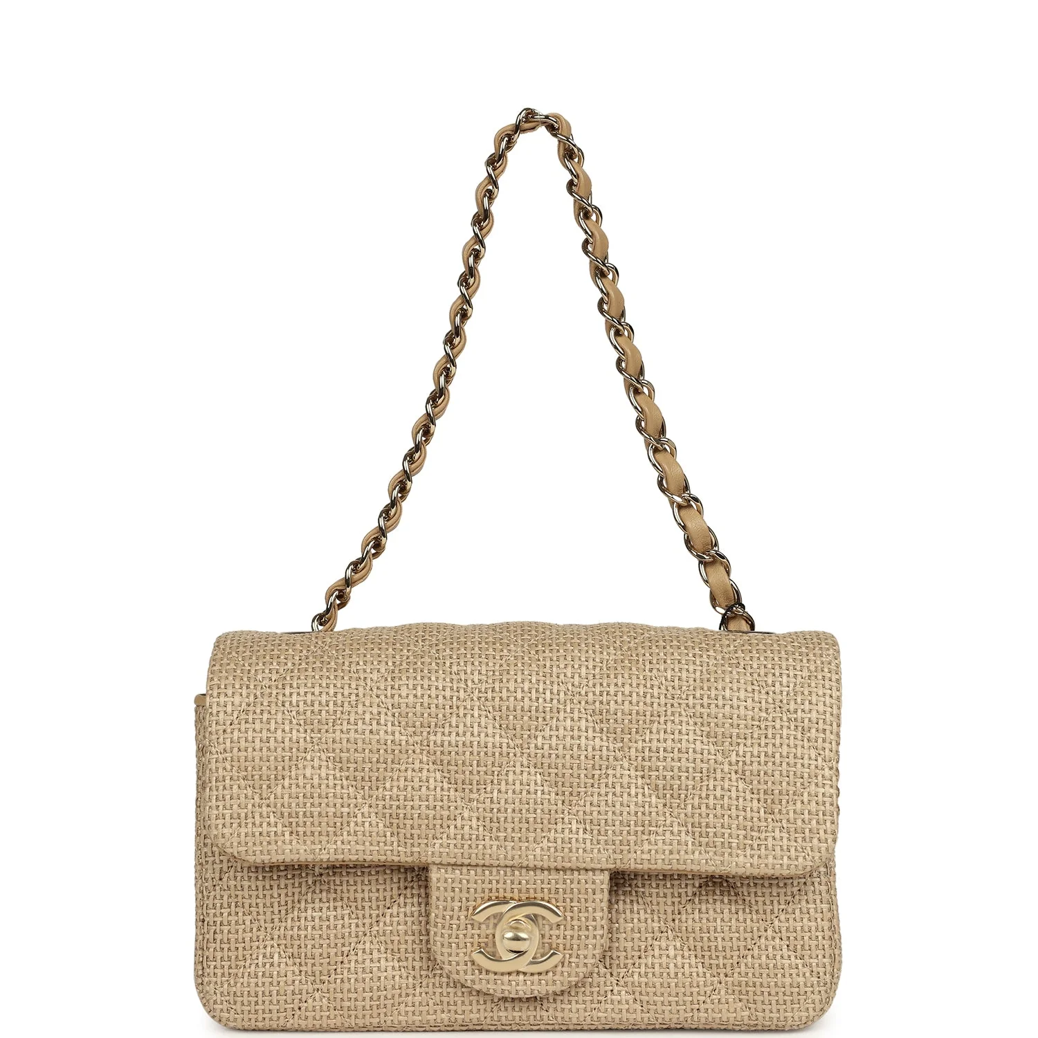 Chanel Mini Rectangular Flap Dark Beige Raffia Light Gold Hardware