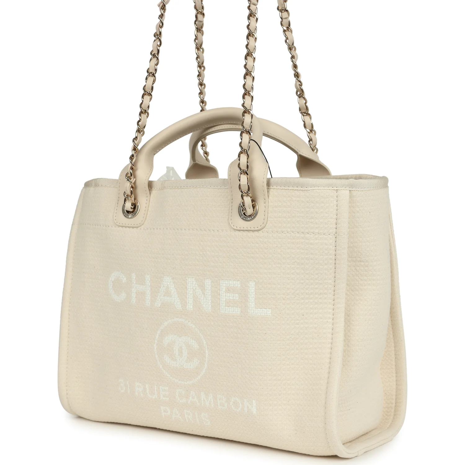 Chanel Small Deauville Shopping Tote Ivory Canvas Light Gold Hardware