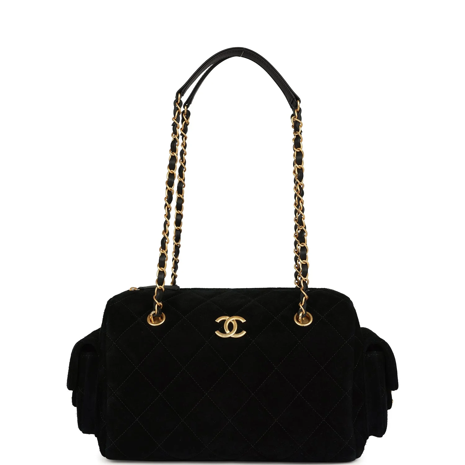 Chanel Small Bowling Bag Black Suede Antique Gold Hardware