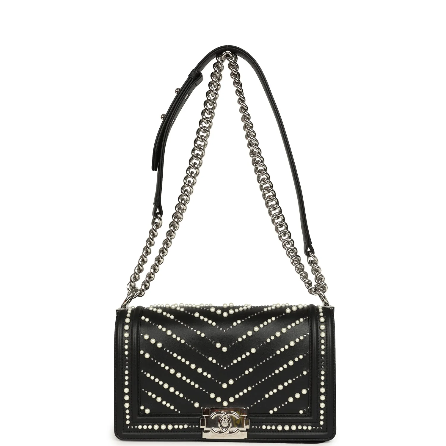 Chanel Medium Boy Bag Black Pearl Chevron Calfskin Silver Hardware
