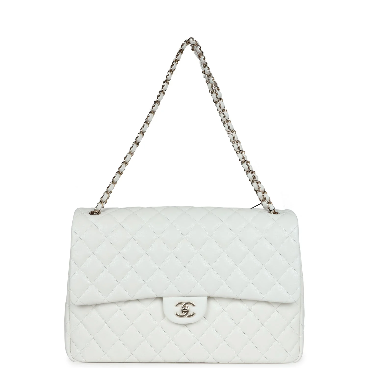 Chanel XXL Classic Single Flap Bag White Shiny Caviar Light Gold Hardware