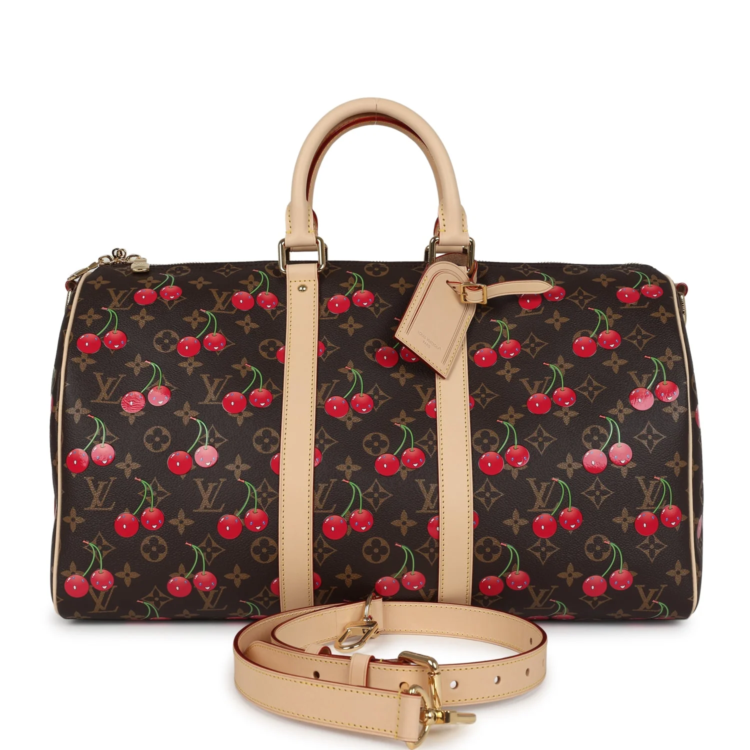 Louis Vuitton X Murakami Keepall Bandouliere 45 Red and Brown Cherry Monogram Gold Hardware