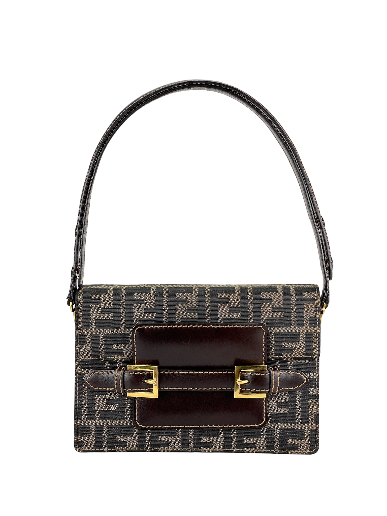 FENDI - Brown Zucca Belt Motif Shoulder Bag
