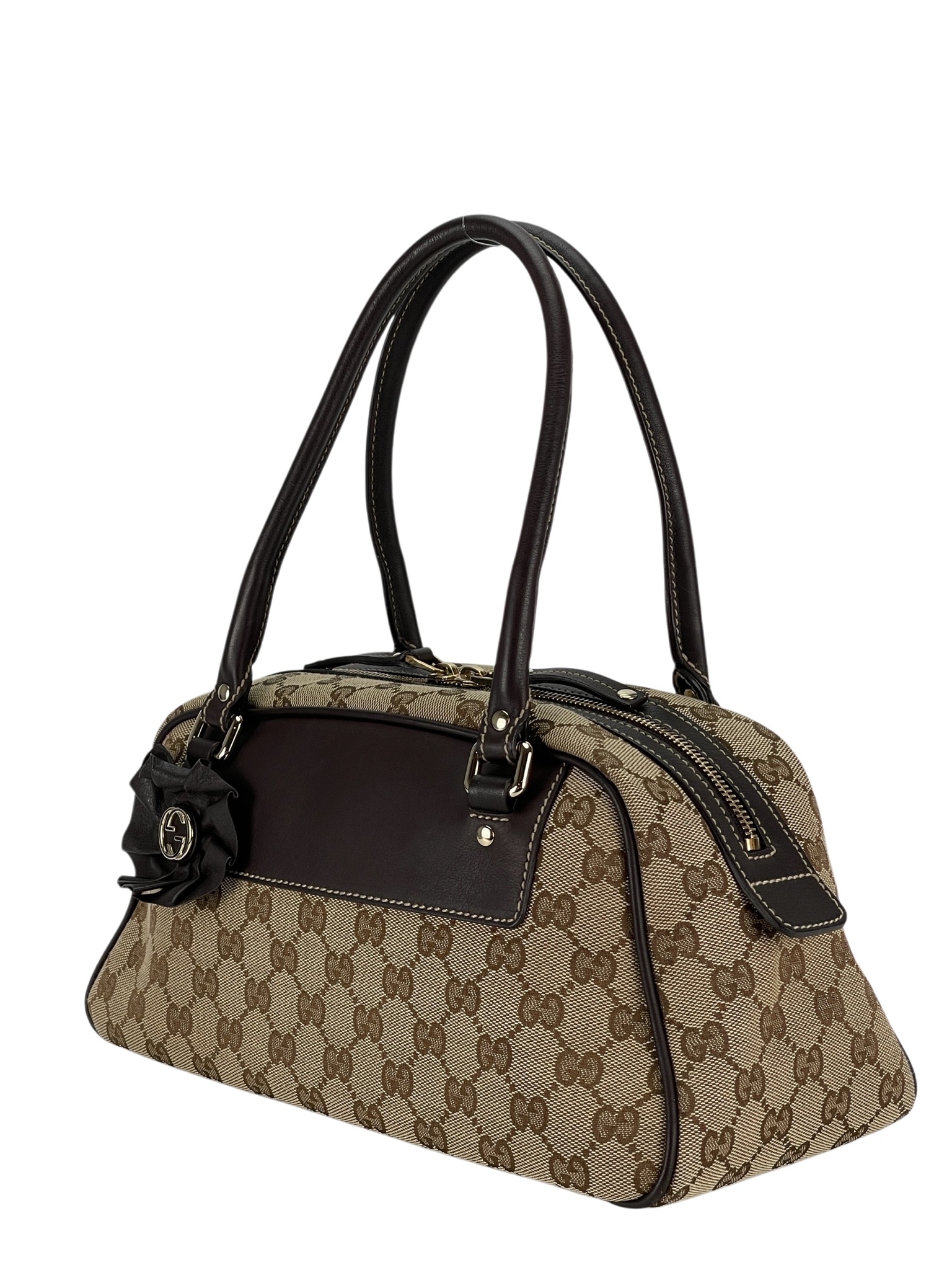 GUCCI - Beige Brown GG Canvas Trophy Boston Handbag