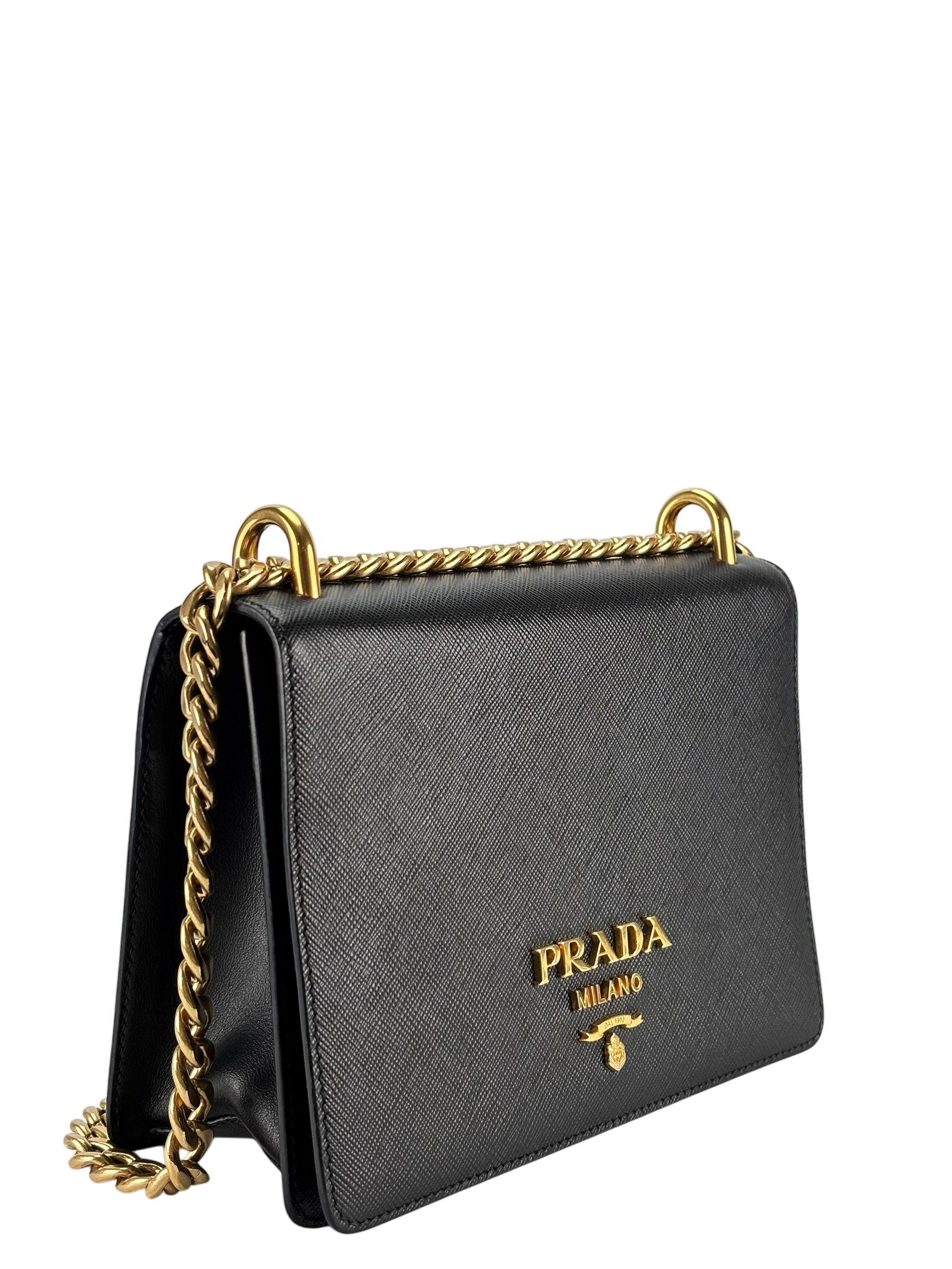 PRADA - Black Leather Saffiano Chain Shoulder Bag Gold Hardware