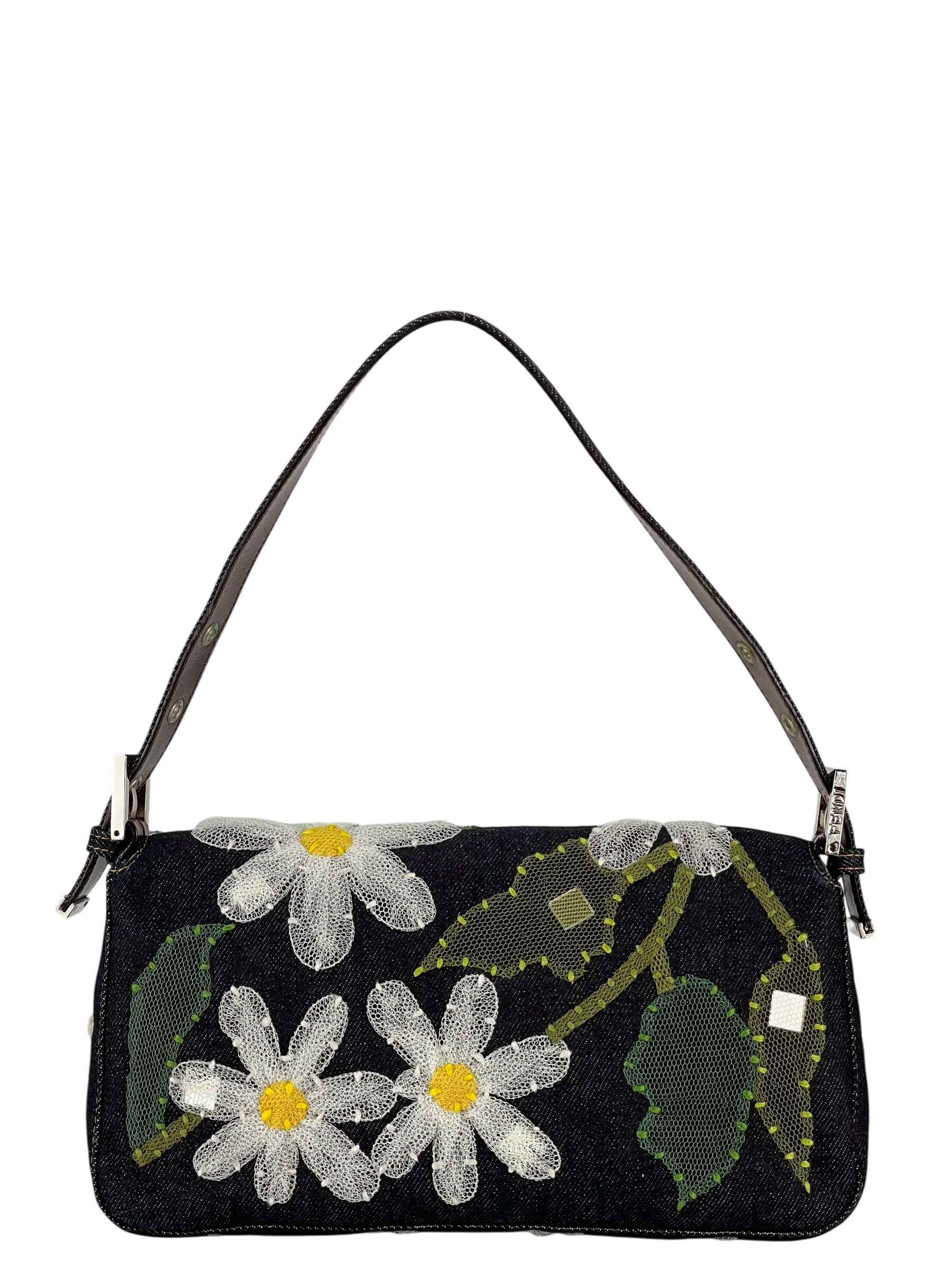 FENDI - Blue Denim Baguette in Dark Embroided Flowers