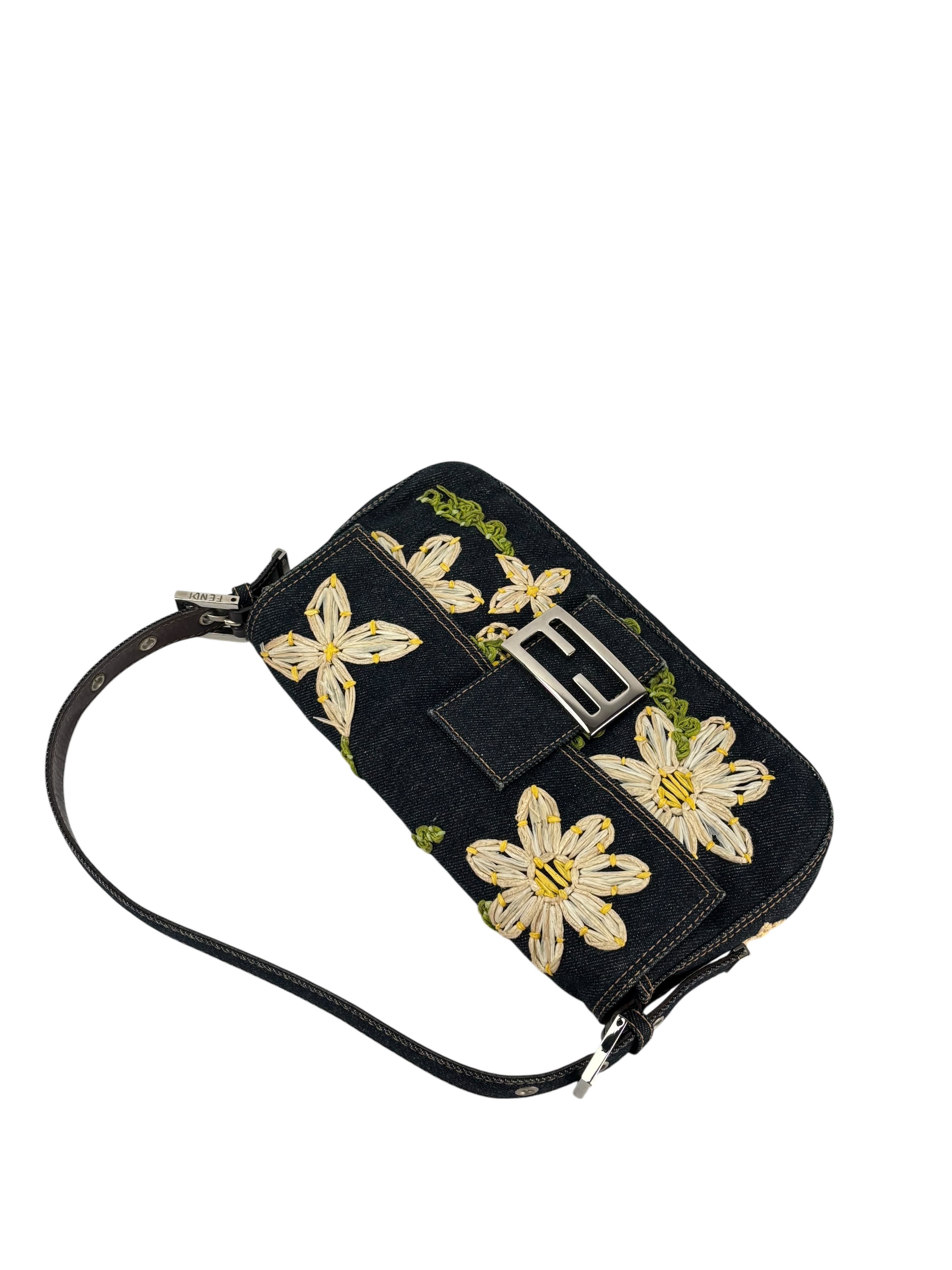 FENDI - Small Baguette Bag Denim Flower Navy