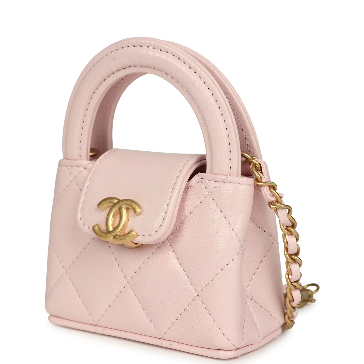 Chanel Nano Kelly Bag Charm Light Pink Shiny Lambskin Brushed Gold Hardware