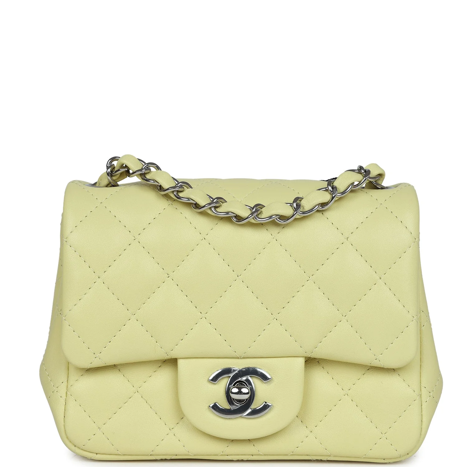 Chanel Mini Square Flap Bag Lime Lambskin Silver Hardware
