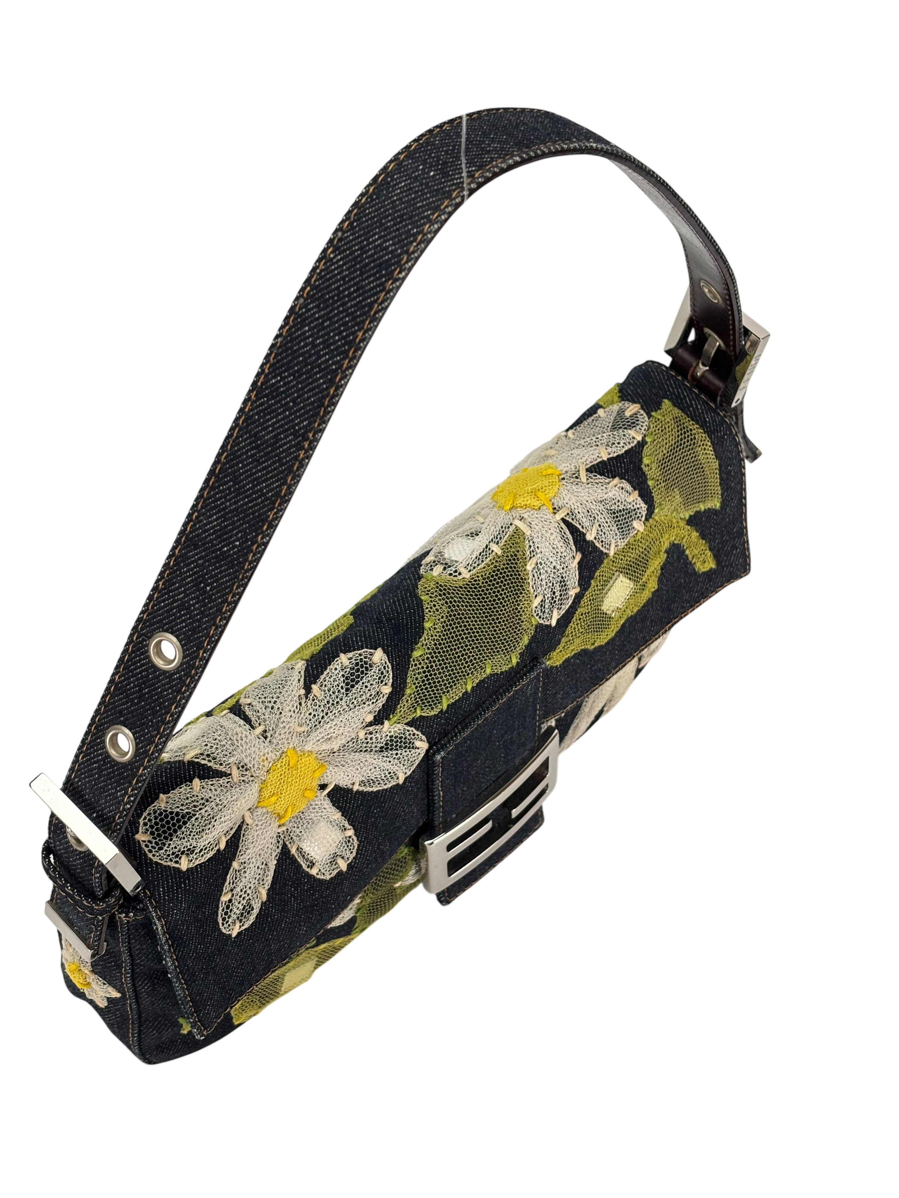 FENDI - Small Baguette Bag Denim Flower Navy