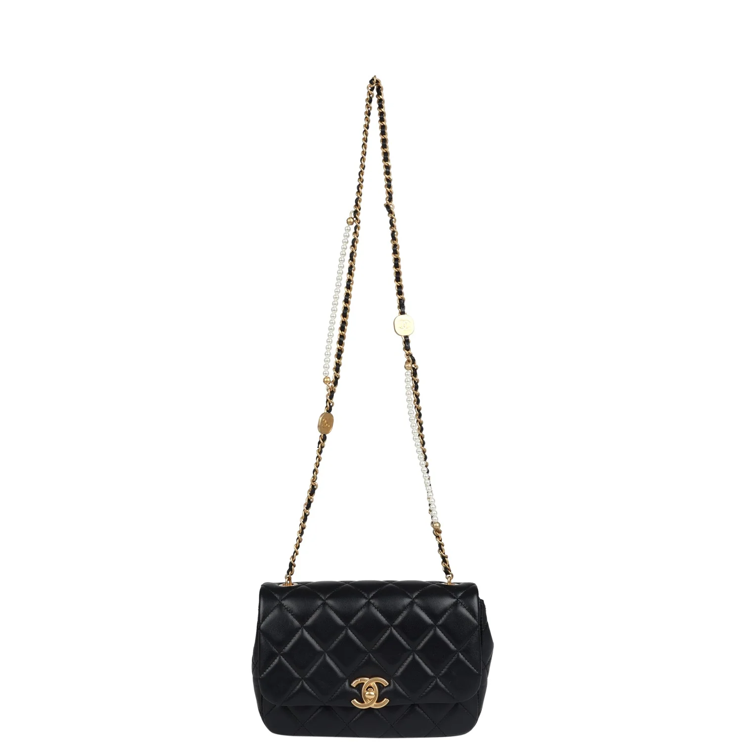 Chanel Mini Pearly Chain Flap Bag Black Lambskin Brushed Gold Hardware