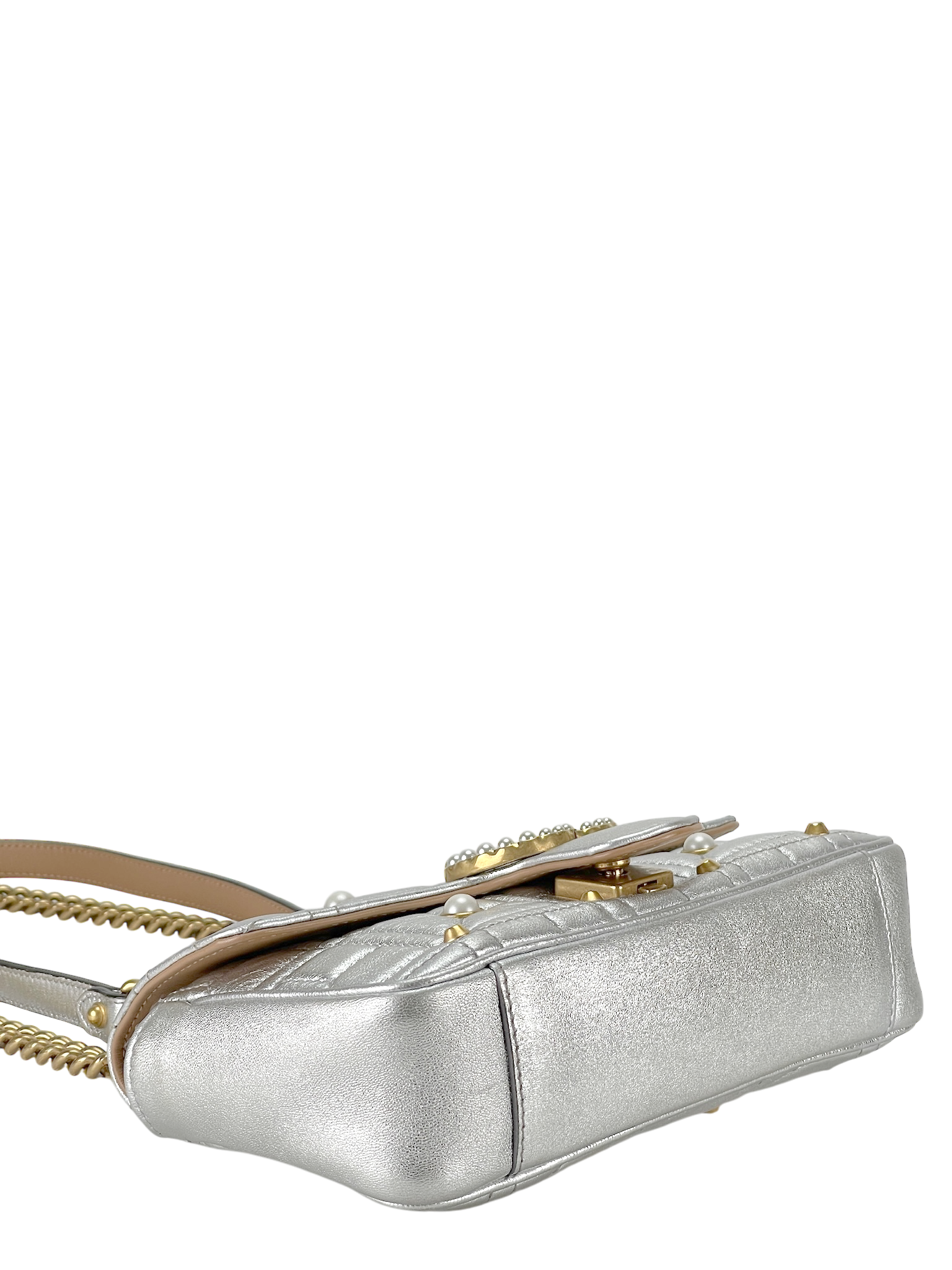 GUCCI - Matelasse Studded Mini Pearly GG Marmont Shoulder Bag Silver Metallic Calfskin
