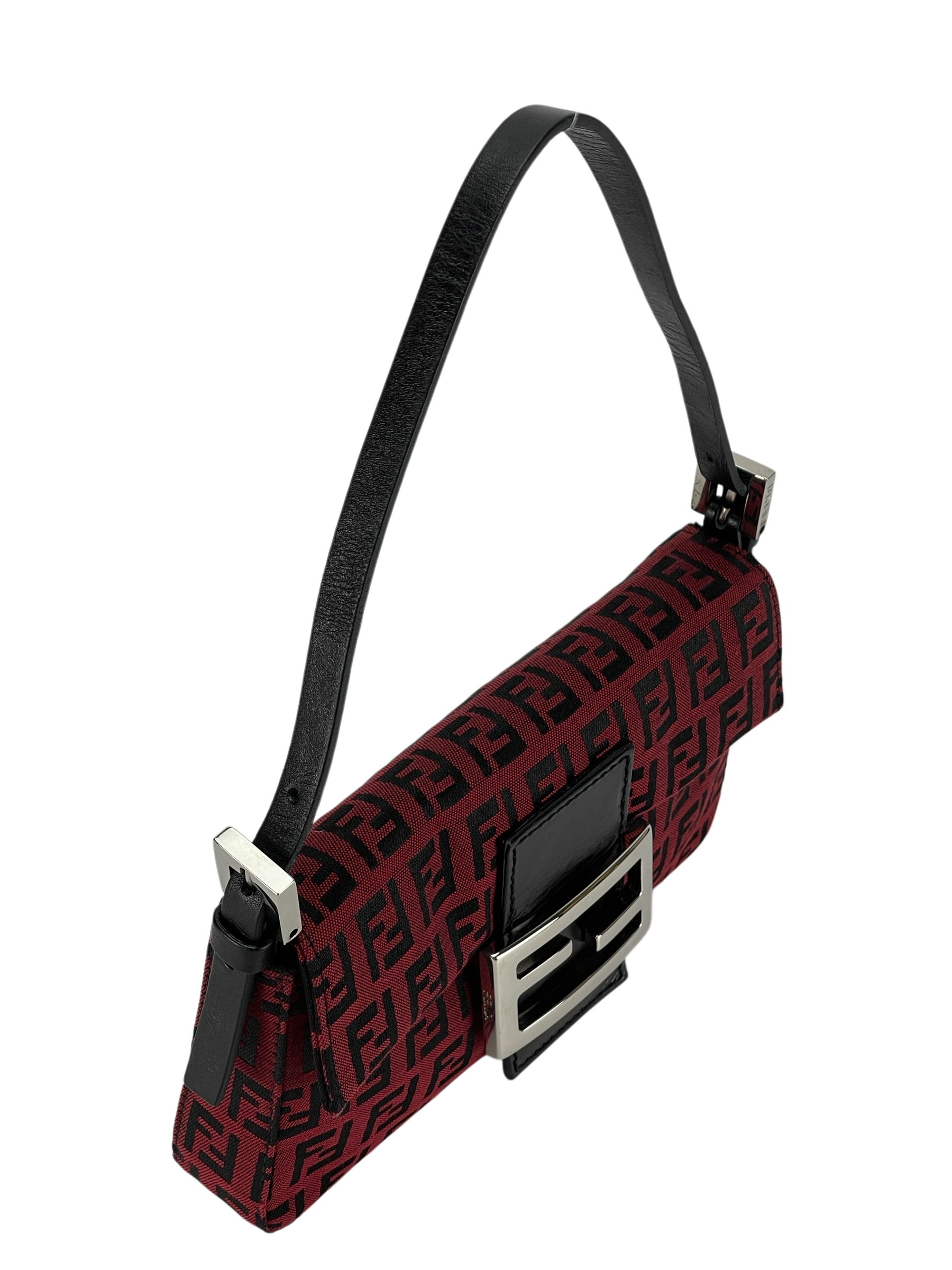 FENDI - Red Canvas Zucca Baguette Handbag Silver Hardware