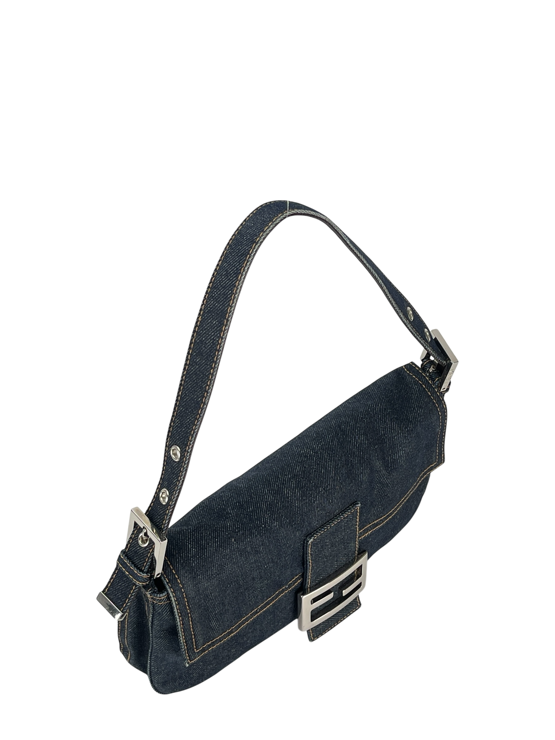 FENDI - Small Mamma Baguette Bag Denim Navy Sliver Hardware