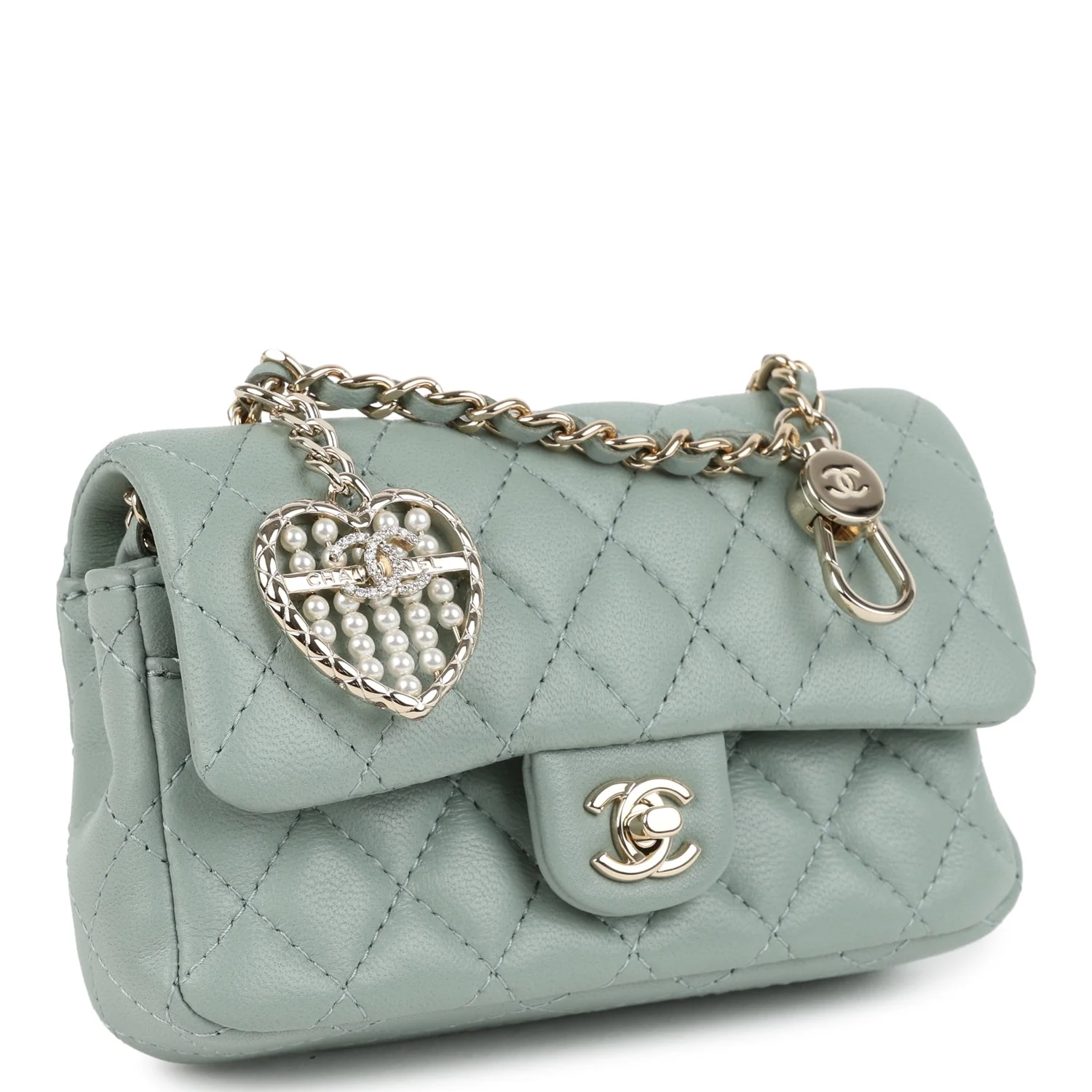 Chanel Nano Classic Double Flap Bag Charm Dark Green Lambskin Light Gold Hardware