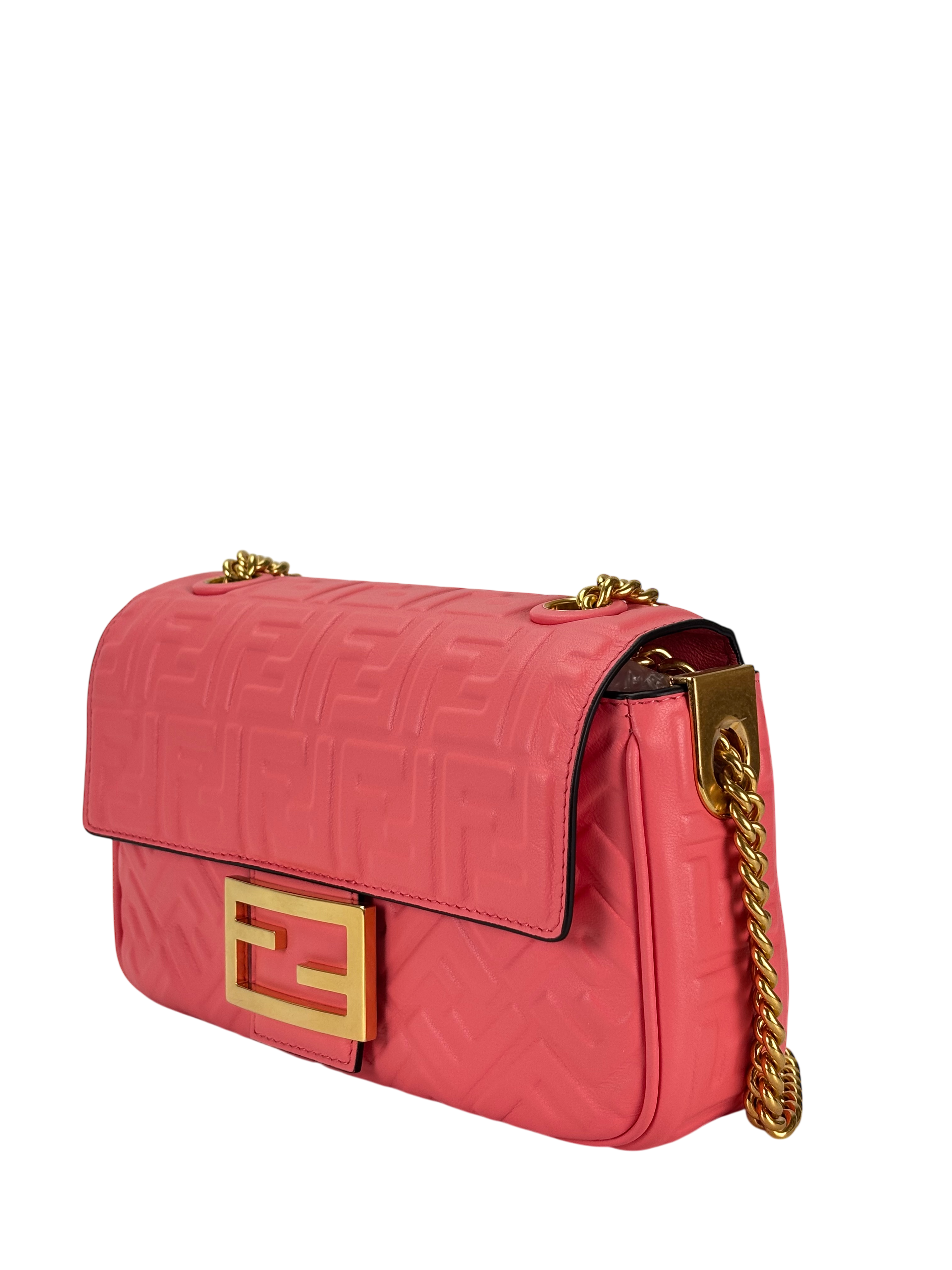 GUCCI -  Pink Leather Nappa Small FF Embossed Midi Chain Baguette