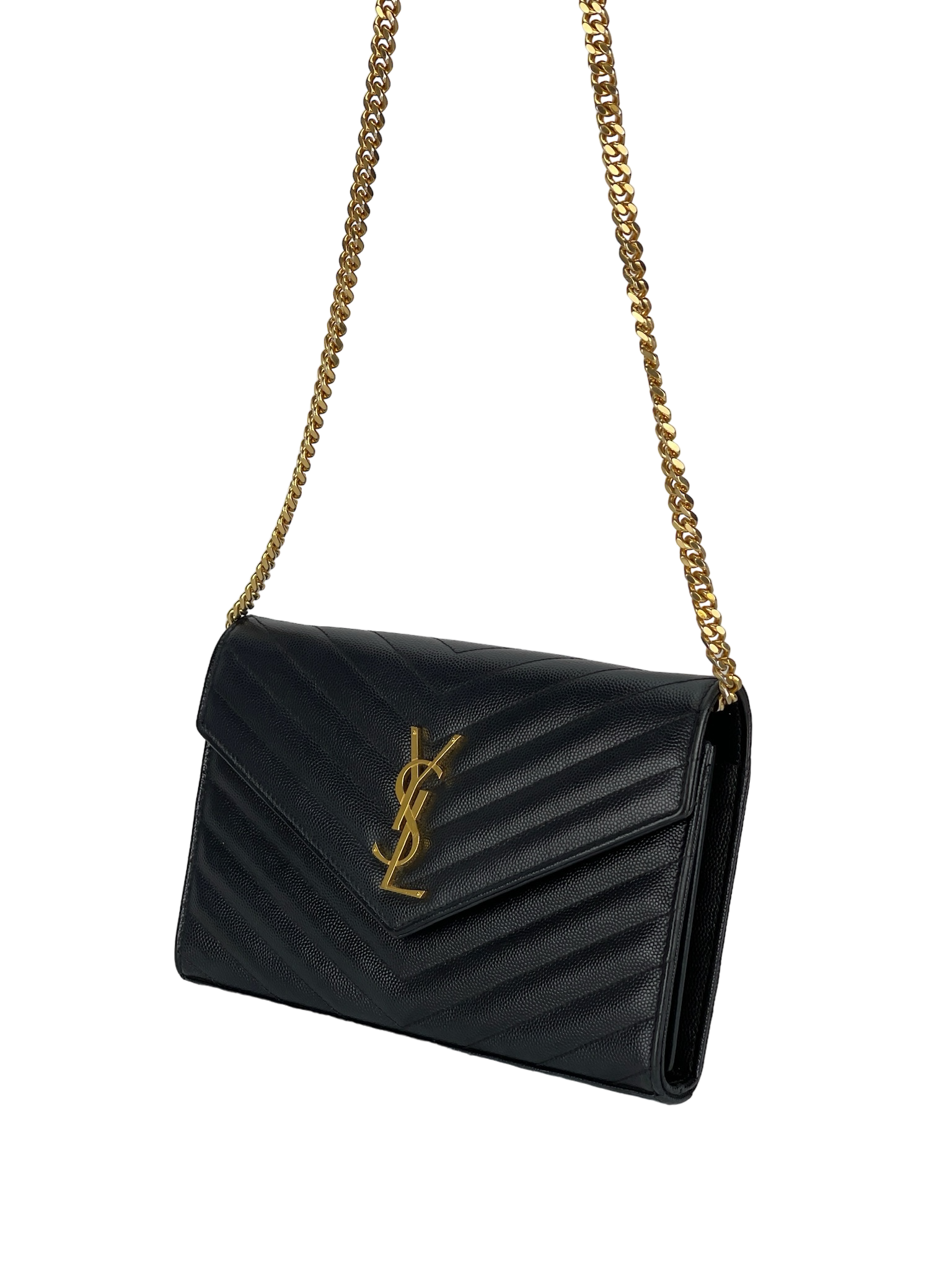 SAINT LAURENT - Grain De Poudre Matelasse Chevron Monogram Chain Wallet