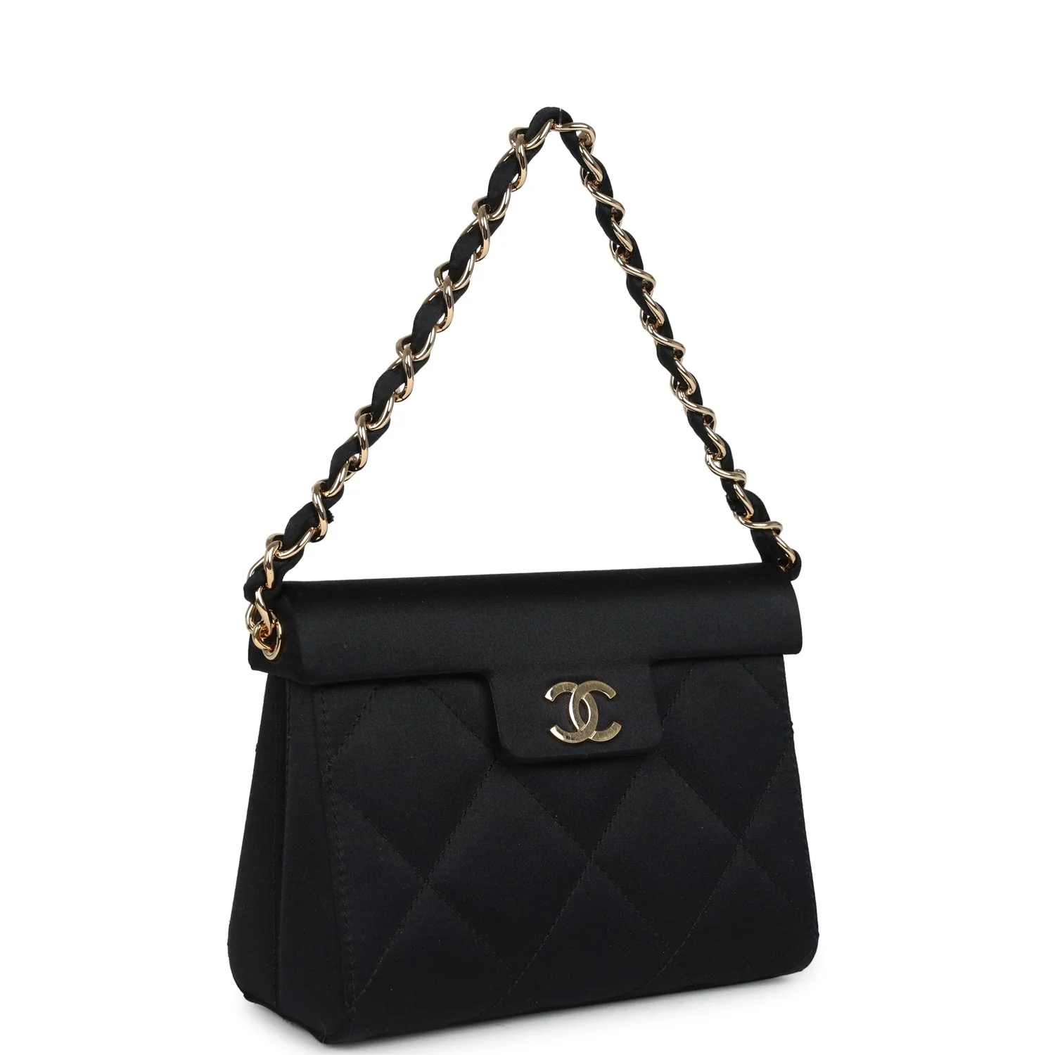 Vintage Chanel Mini Evening Handbag Bag Black Satin Gold Hardware