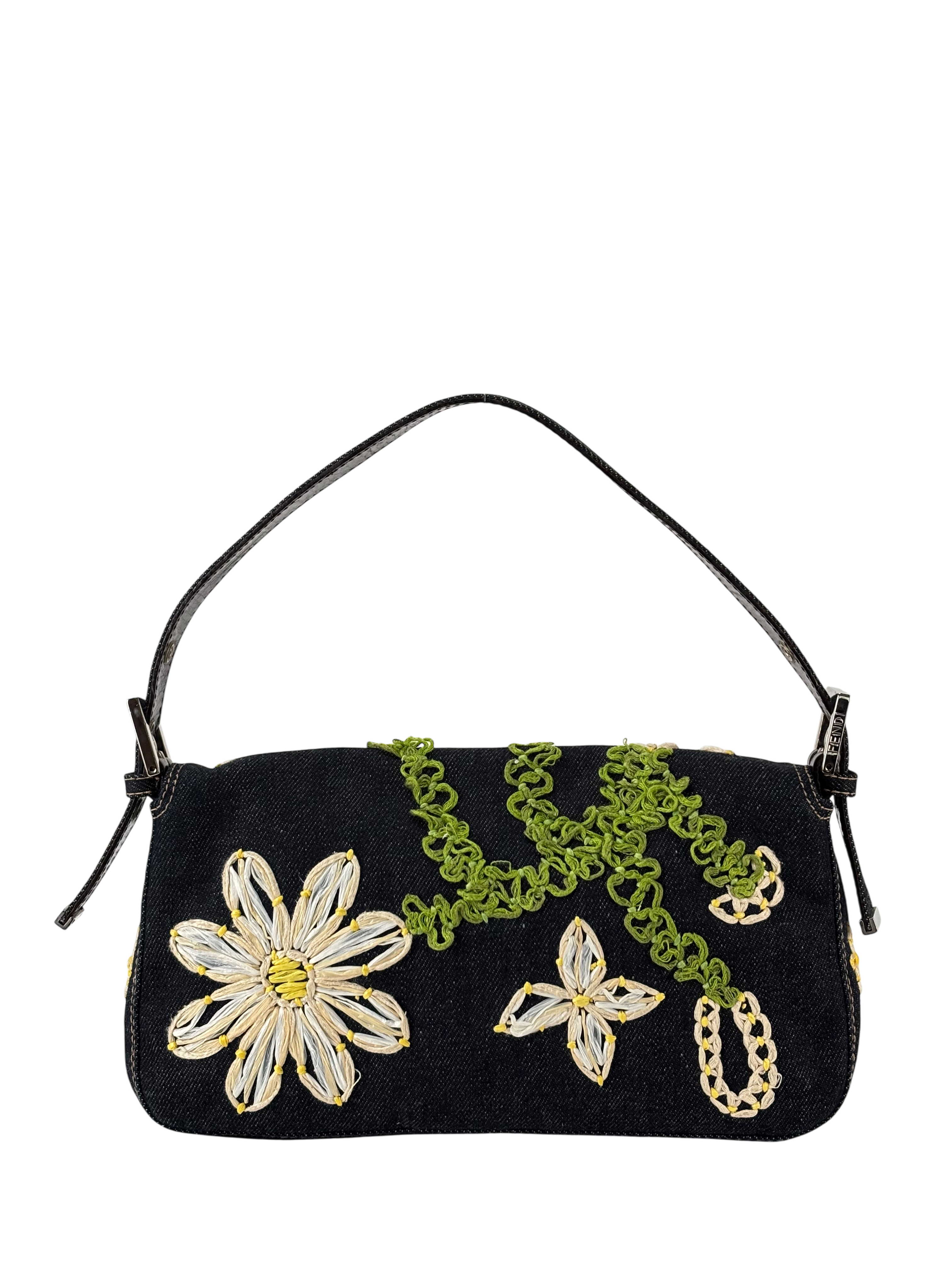FENDI - Small Baguette Bag Denim Flower Navy