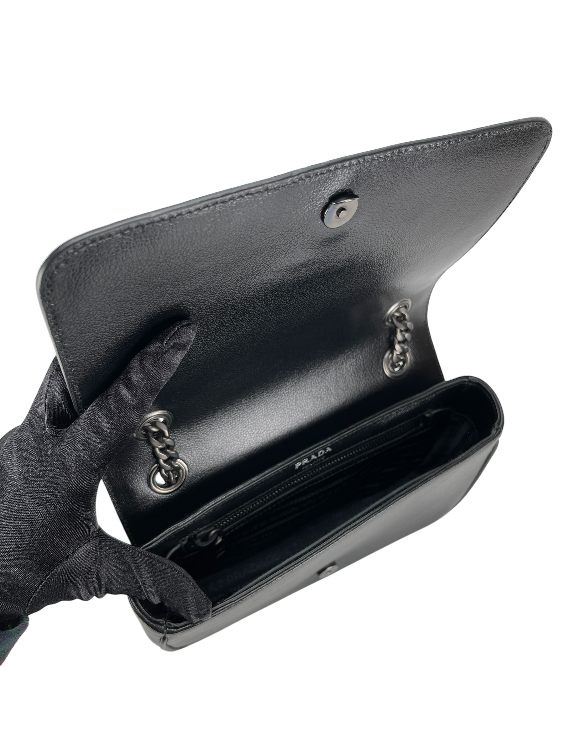 PRADA -  Black Leather Studded Flap Double Chain Shoulder Bag