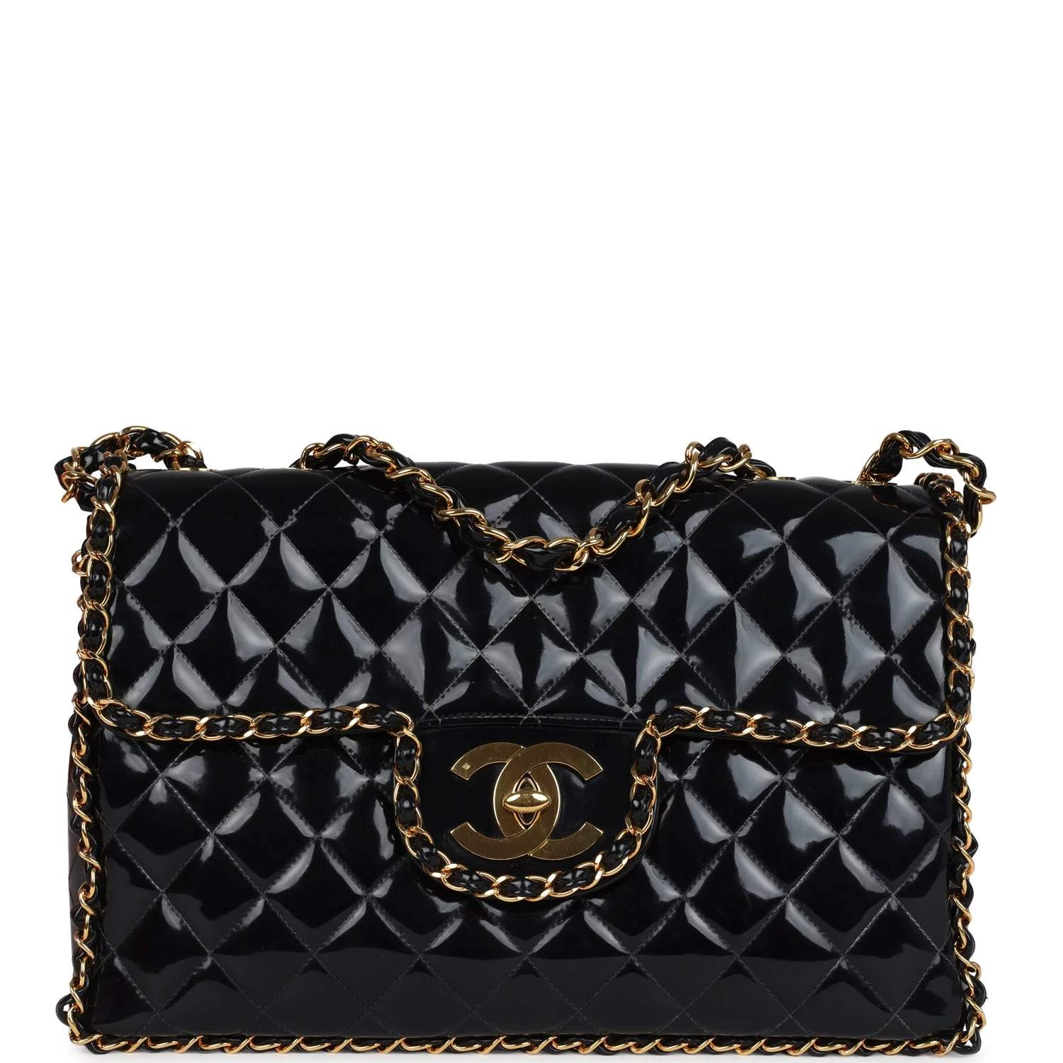 Vintage Chanel Maxi Classic Chain Around Single Flap Bag Black Patent Gold Hardware