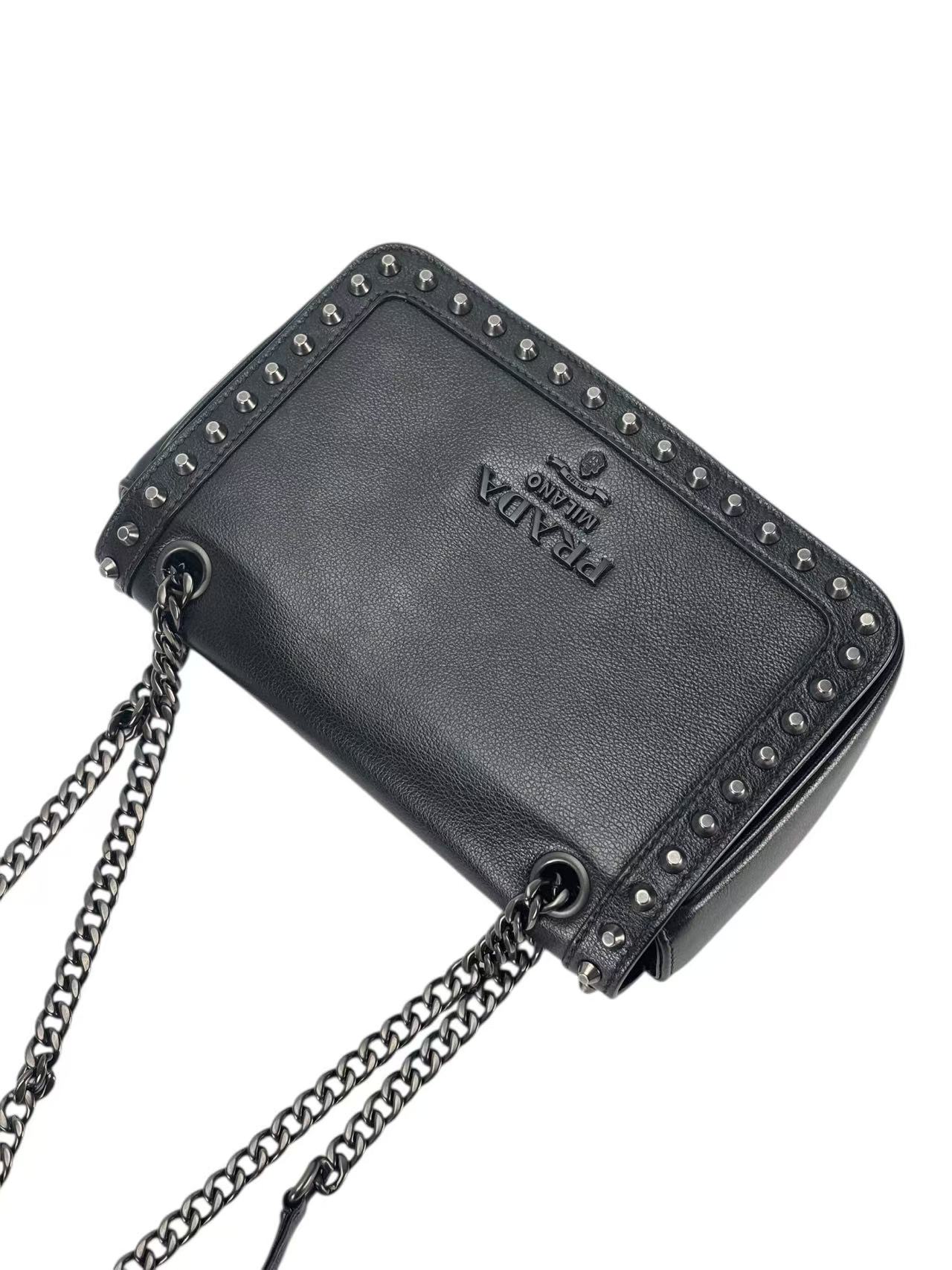 PRADA - Black Leather Studded Flap Double Chain Shoulder Bag