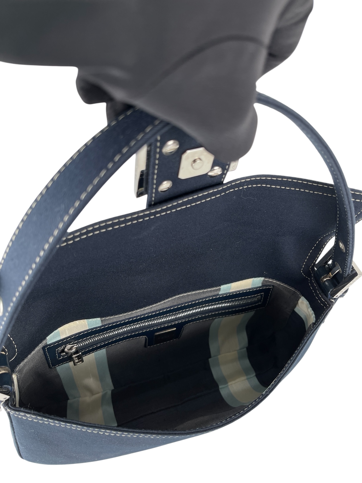 FENDI - Navy Canvas Baguette Handbag Silver-tone Hardware