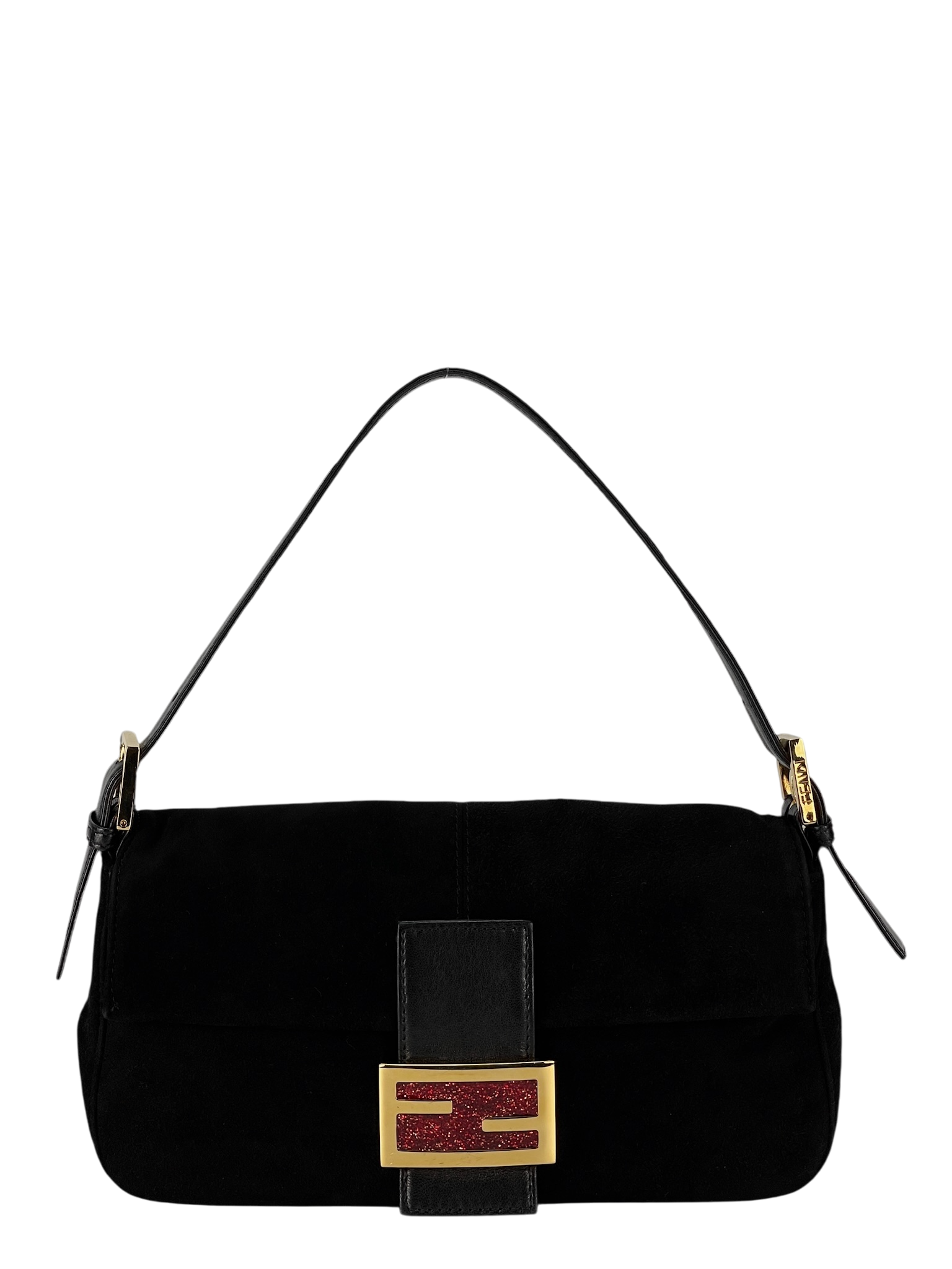 FENDI - Black Suede Baguette Handbag Gold Hardware
