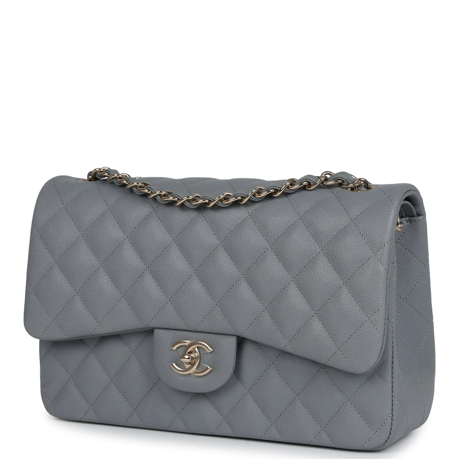 Chanel Jumbo Classic Double Flap Bag Light Grey Shiny Caviar Light Gold Hardware