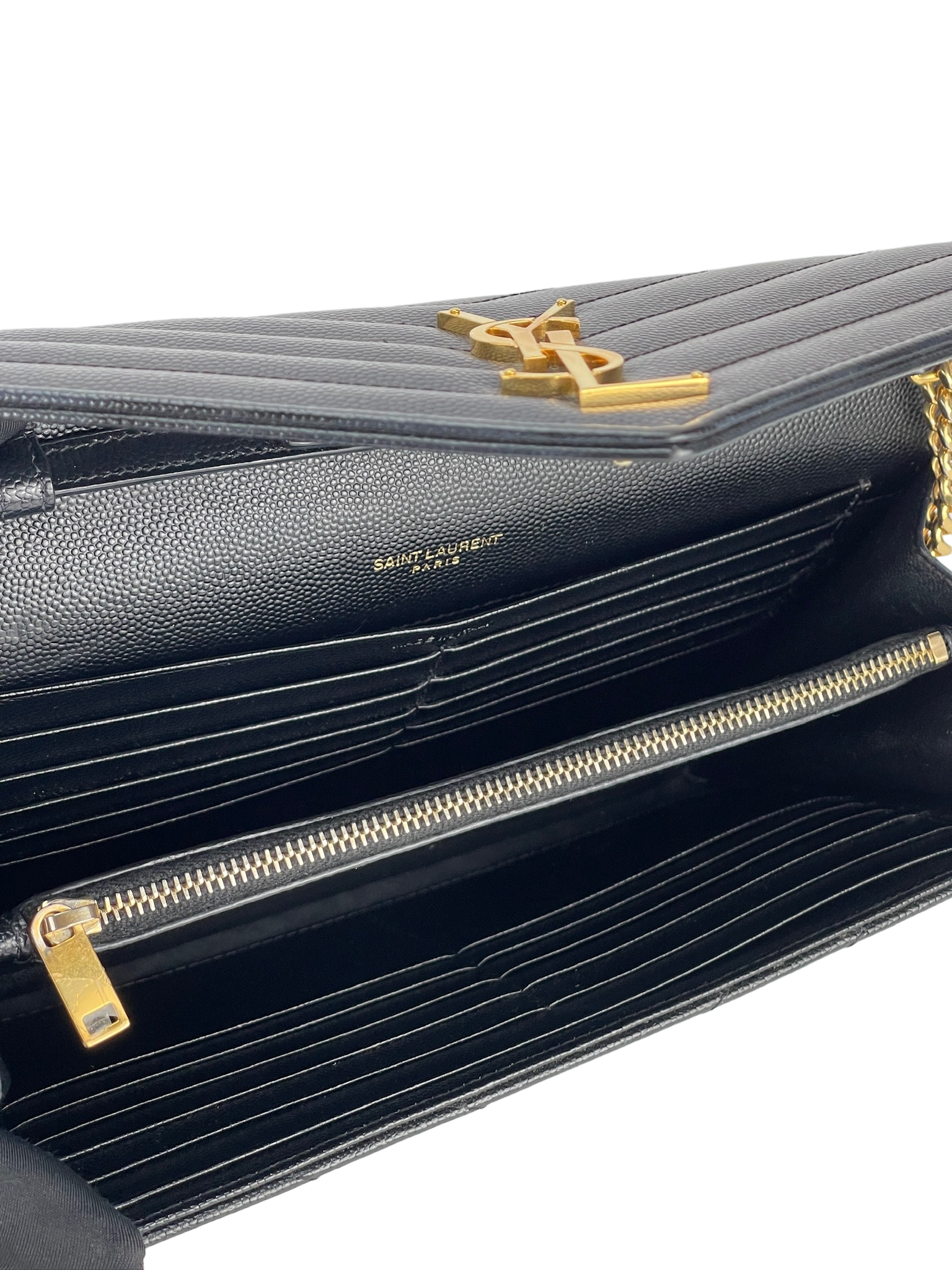 SAINT LAURENT - Grain De Poudre Matelasse Chevron Monogram Chain Wallet