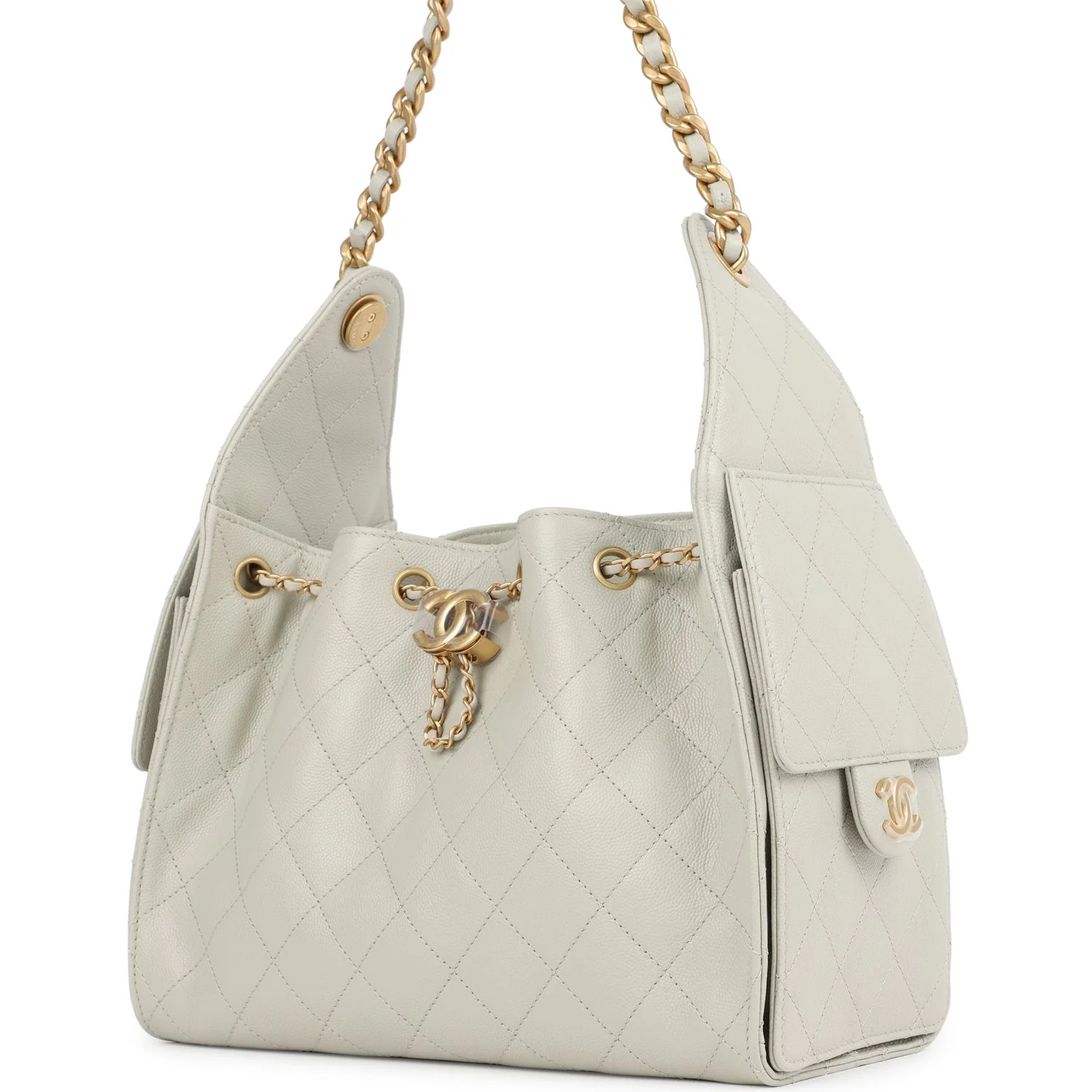 Chanel Small 25 Hobo Bag Light Grey Caviar Antique Gold Hardware