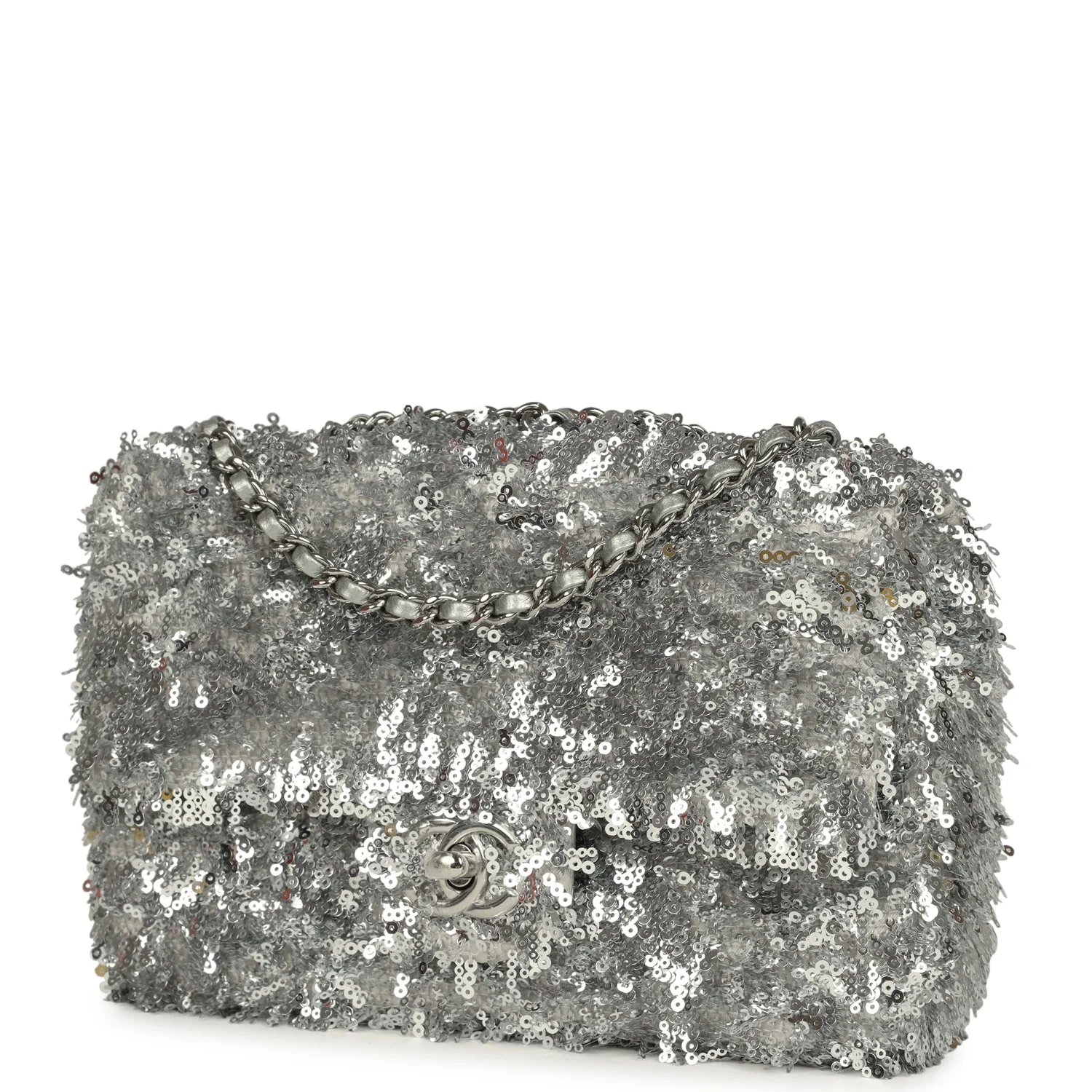 Chanel Mini Rectangular Fringe Flap Bag Silver Sequin Silver Hardware