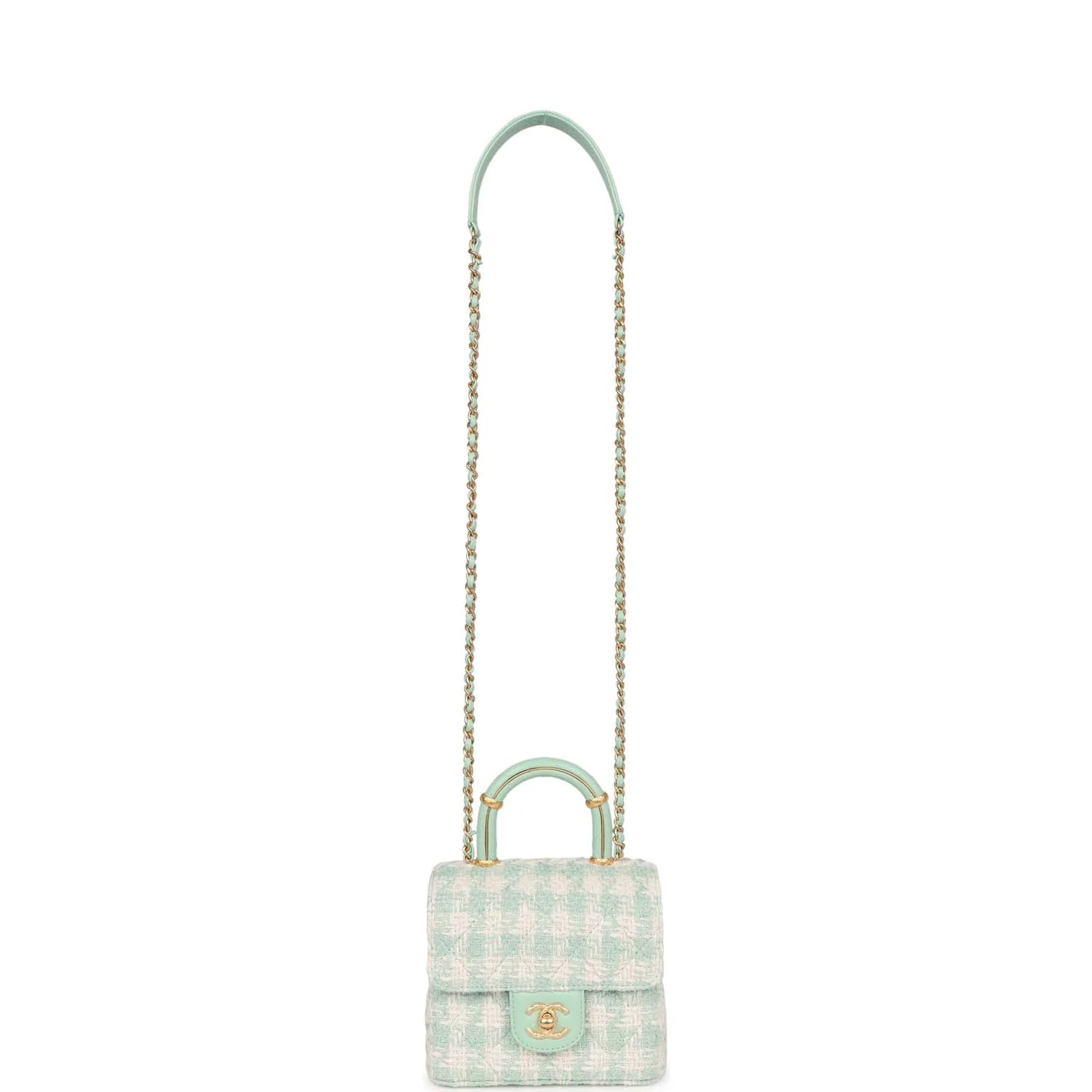 Chanel Mini Square Flap with Top Handle Turquoise and Ecru Tweed Antique Gold Hardware