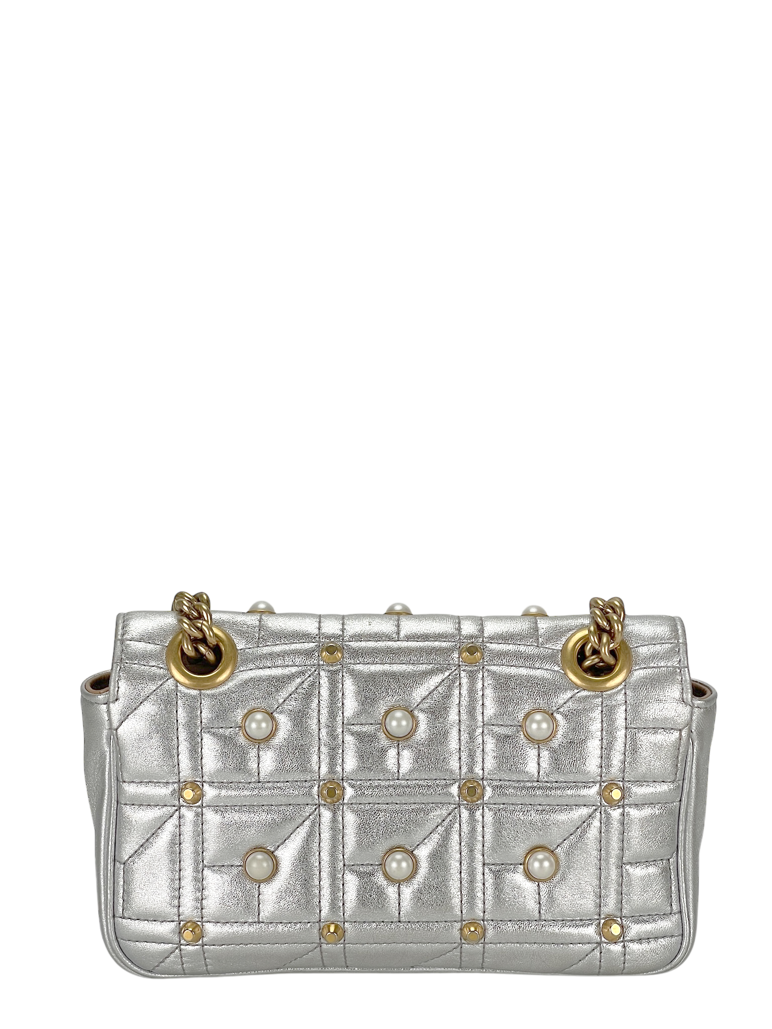 GUCCI - Matelasse Studded Mini Pearly GG Marmont Shoulder Bag Silver Metallic Calfskin