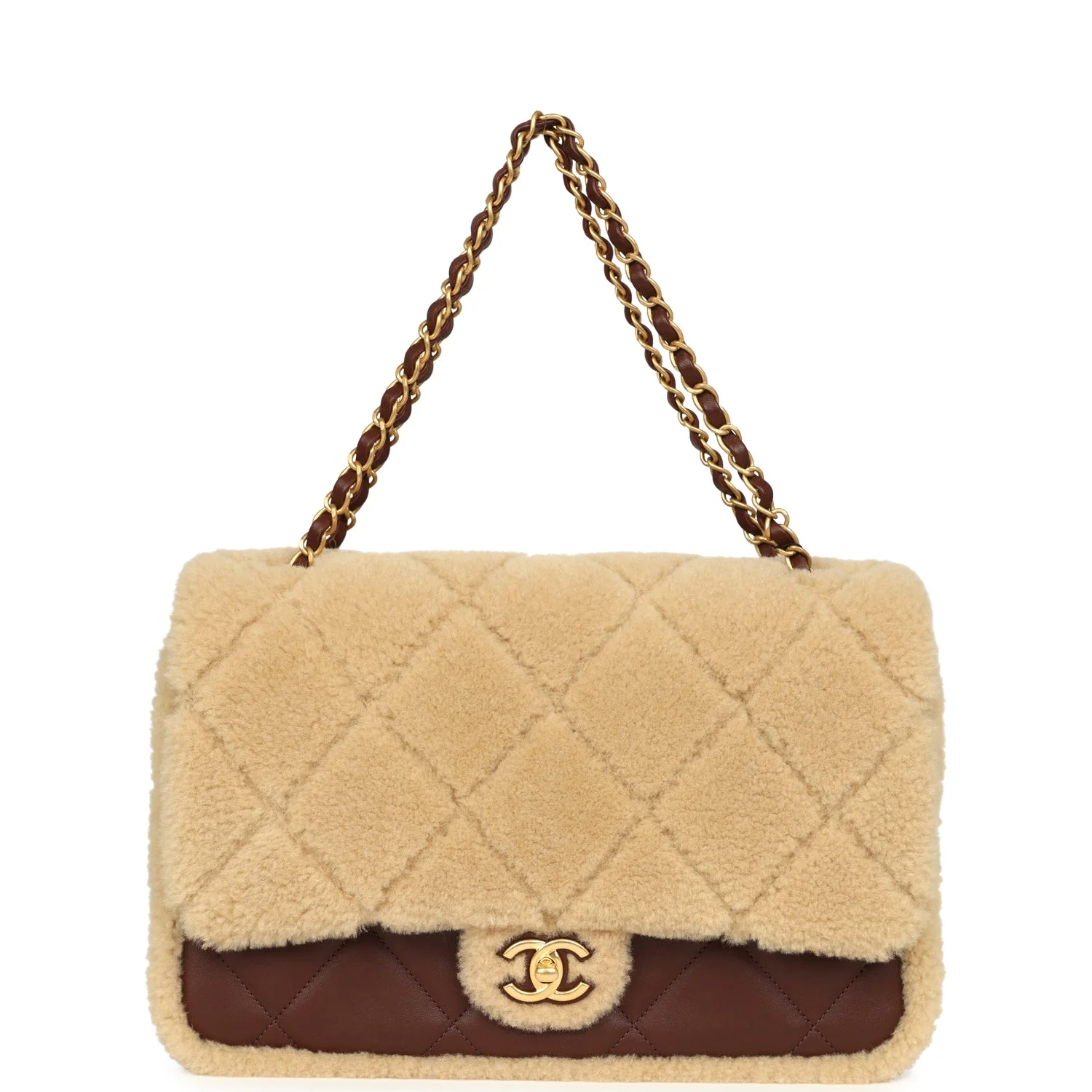 Chanel Large Shearling Flap Bag Dark Brown Lambskin and Beige Shearling Brushed Gold Hardware