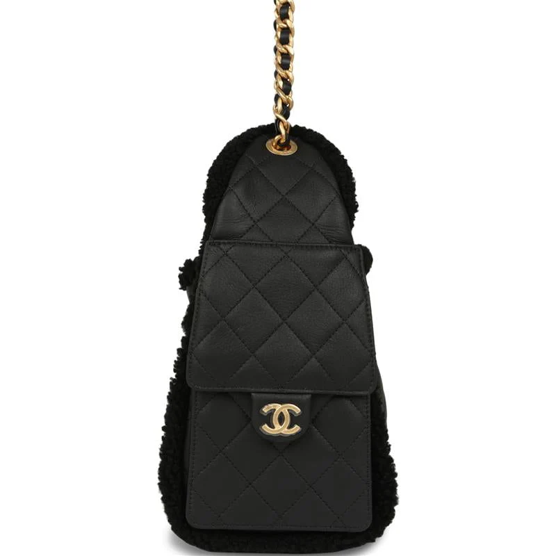 Chanel Small 25 Hobo Bag Black Crumpled Sheepskin and Shearling Antique Gold Hardware
