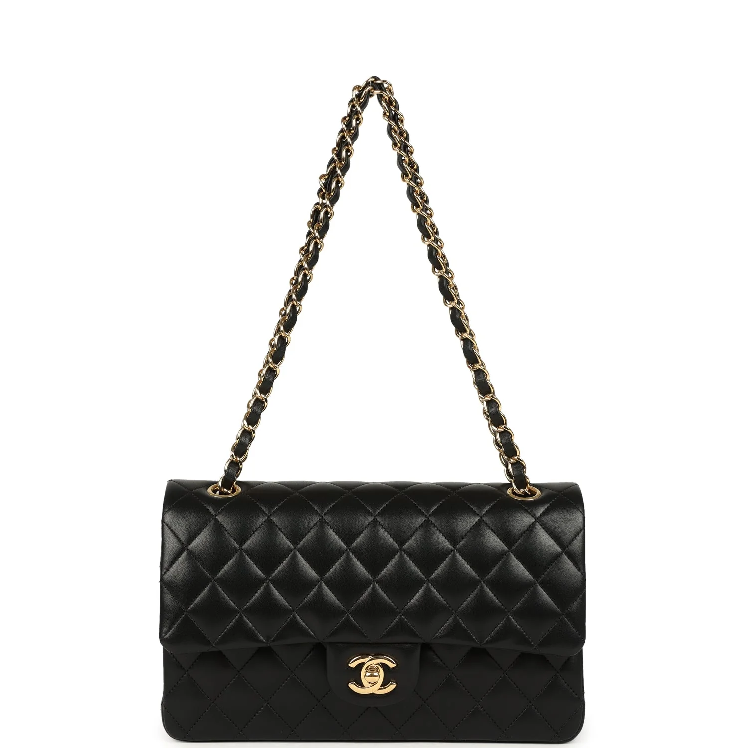 Pre-owned Chanel Medium Classic Double Flap Bag Black Lambskin Gold Hardware