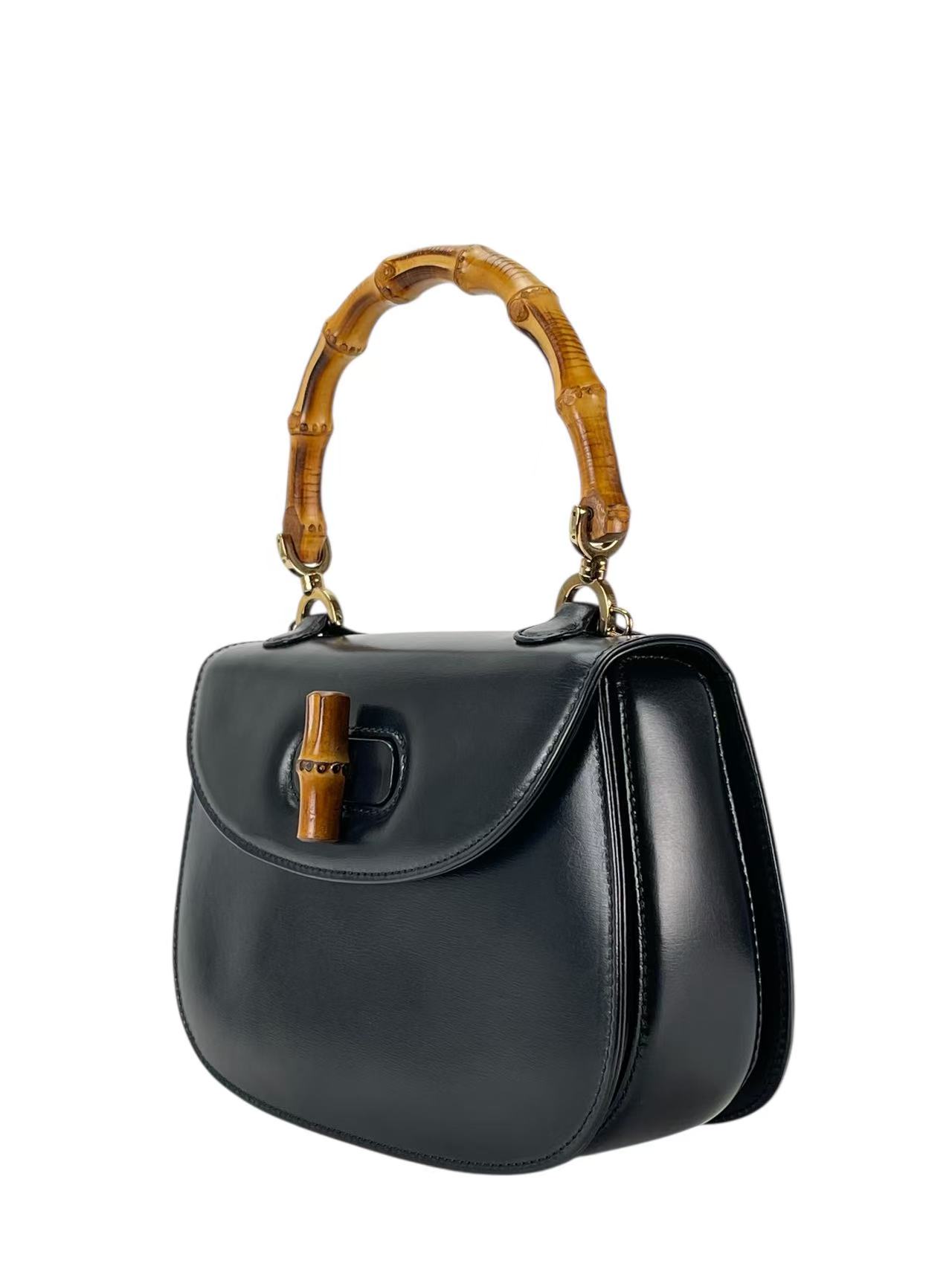 GUCCI - Black Box Leather 2way Small Leather Bamboo Handbag