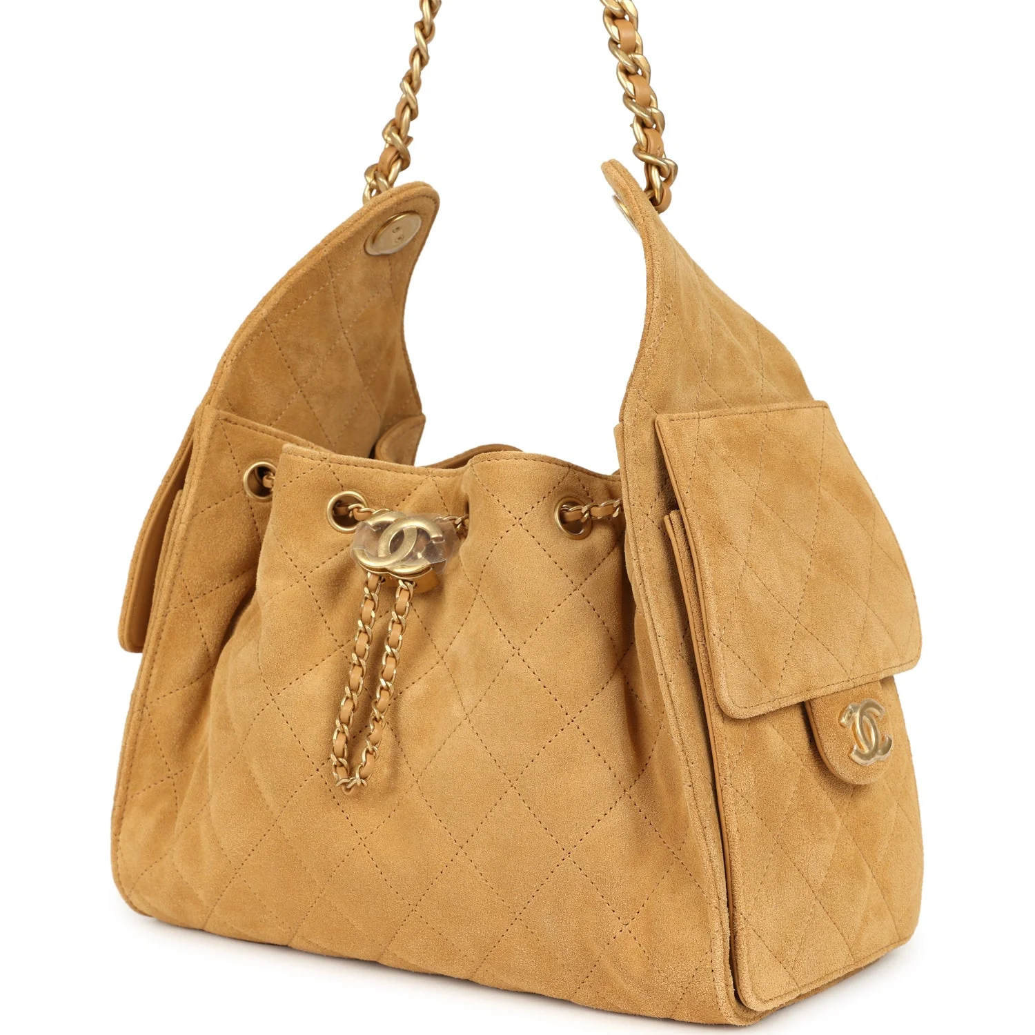 Chanel Small 25 Hobo Bag Tan Suede Antique Gold Hardware
