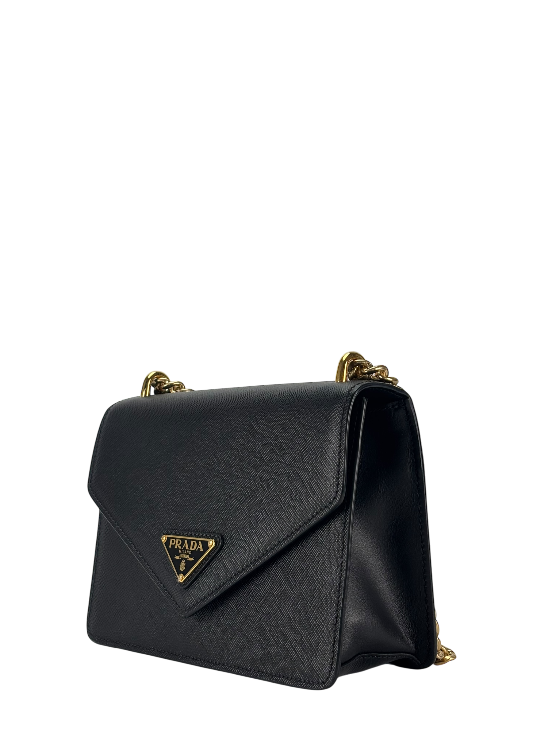 PRADA - Saffiano Soft Calfskin Metal Triangle Logo Envelope Chain Shoulder Bag Black
