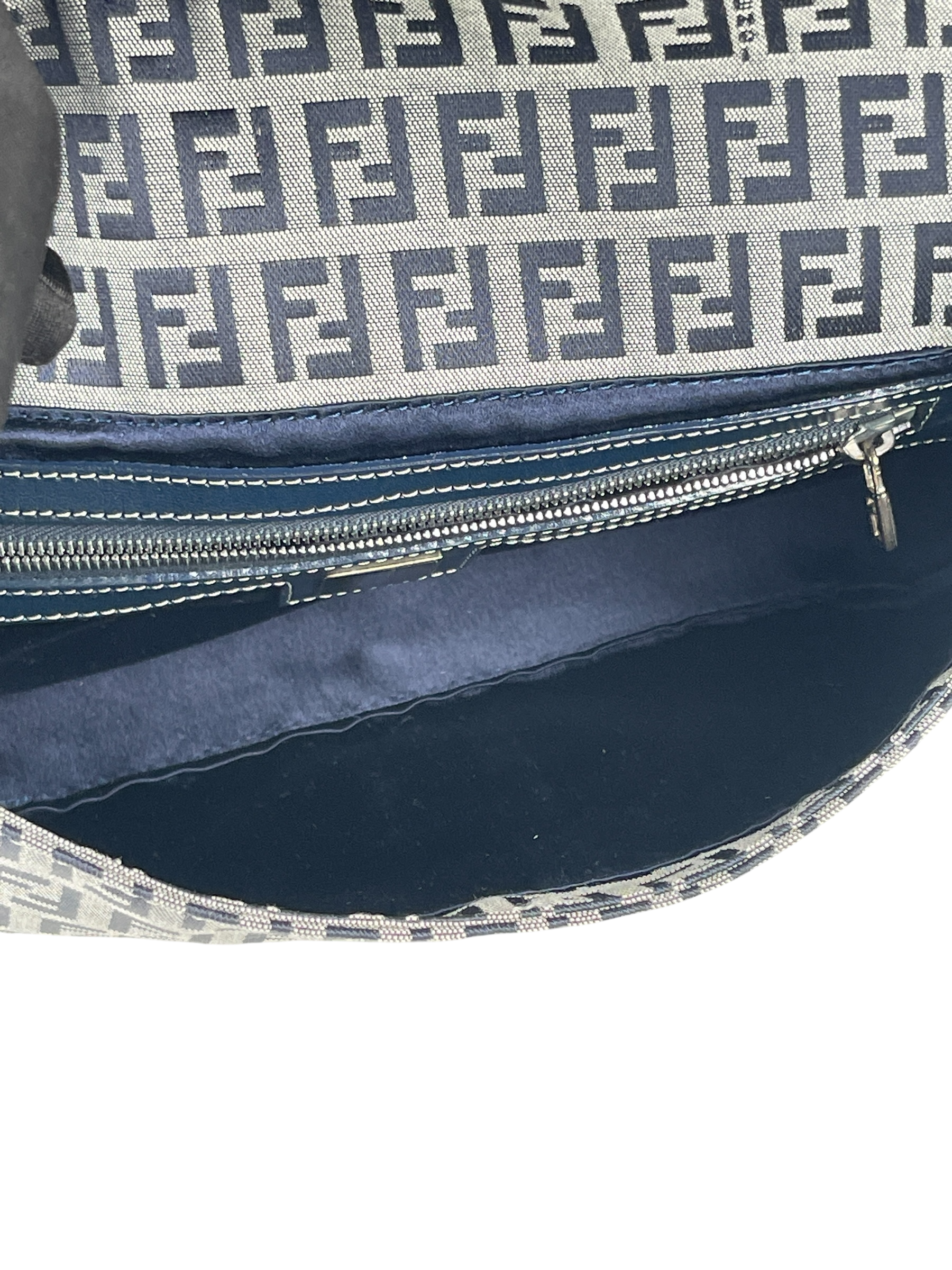 FENDI - Small Navy Canvas Zucchino Mamma Baguette Sliver Hardware