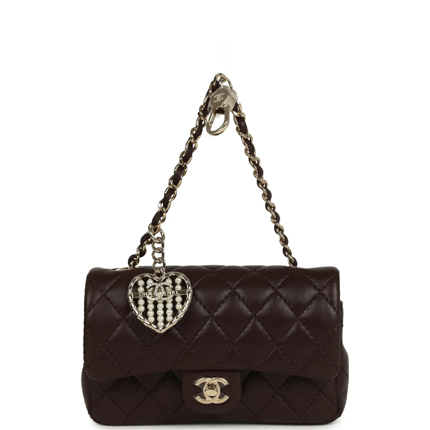 Chanel Nano Classic Double Flap Bag Charm Dark Brown Lambskin Light Gold Hardware
